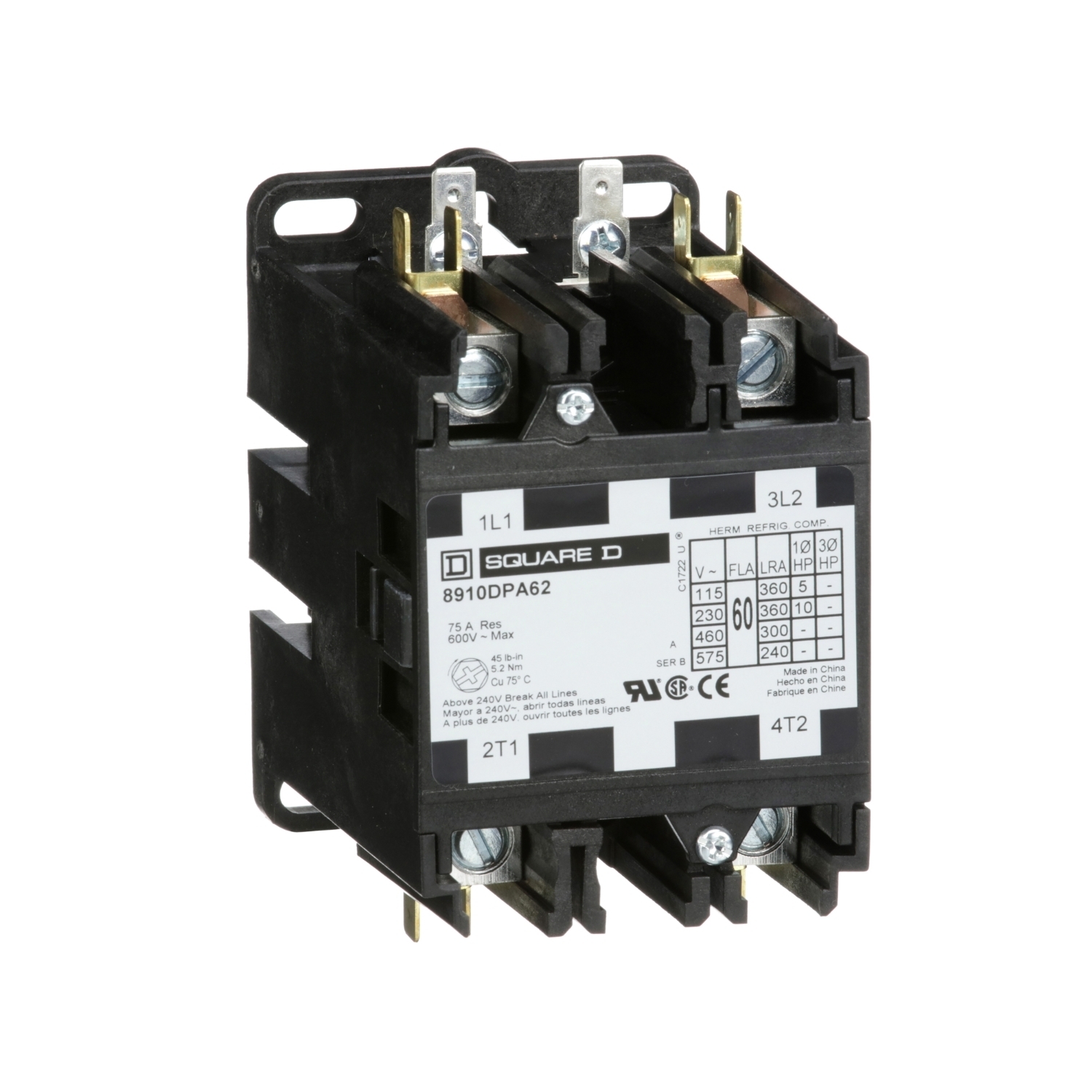 Contactor, Definite Purpose, 60A, 2 pole, 10HP at 230VAC, 1 phase, 208/240VAC 60Hz 220VAC 50Hz coil, open