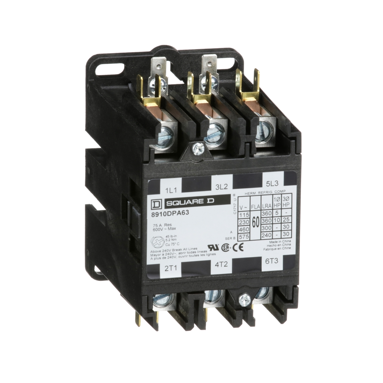 Contactor, Definite Purpose, 60A, 3 pole, 30HP at 575VAC, 3 phase, 440/480VAC 50/60Hz coil, open