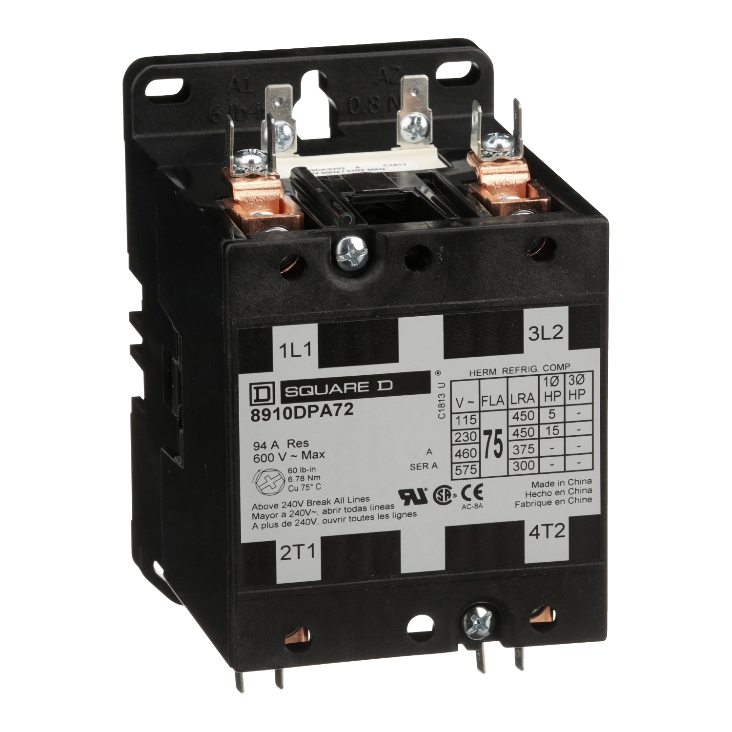 Contactor, Definite Purpose, 75A, 2 pole, 15HP at 230VAC, 1 phase, 208/240VAC 60Hz 220VAC 50Hz coil, open