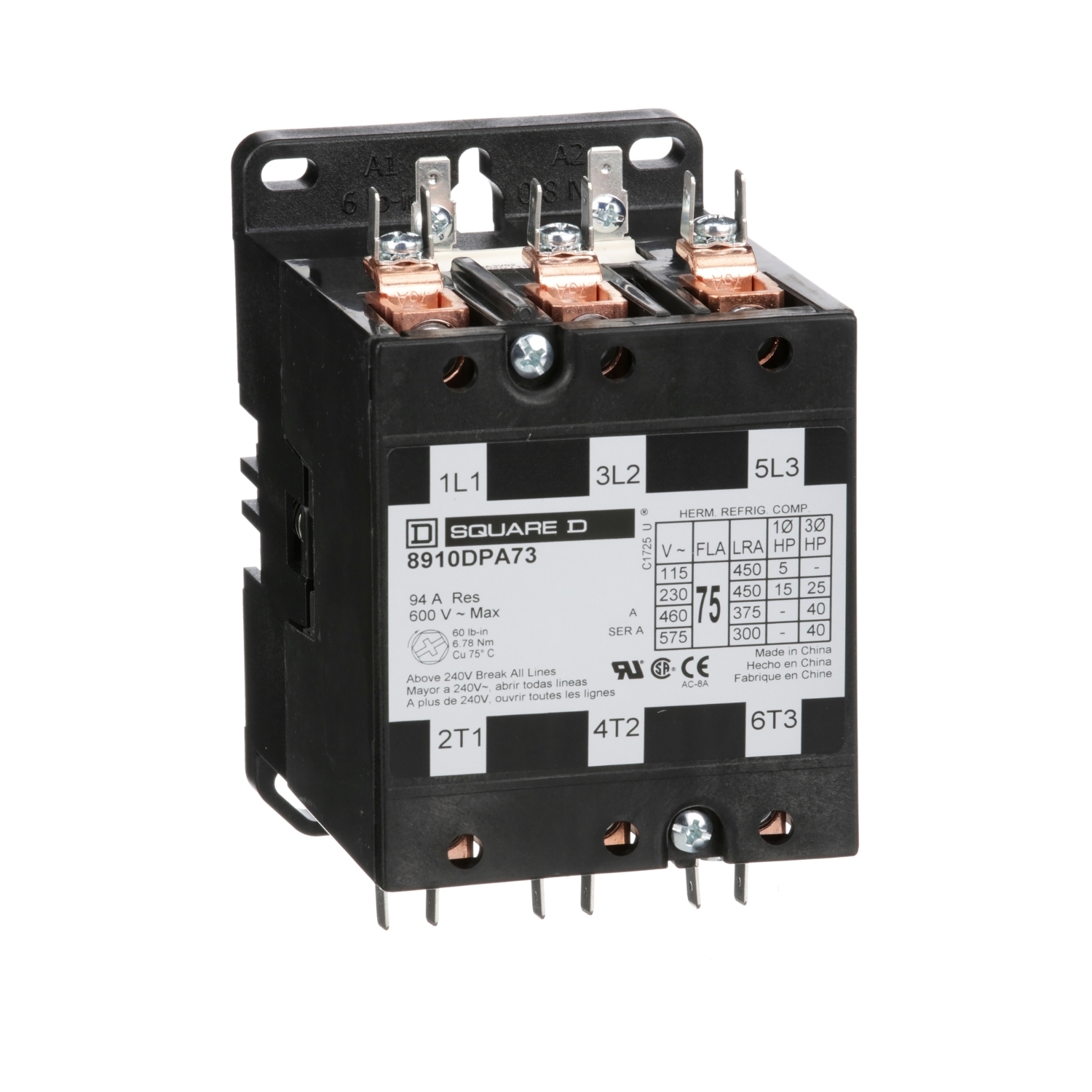 Contactor, Definite Purpose, 75A, 3 pole, 40 HP at 575 VAC, 3 phase, 440/480 VAC 50/60 Hz coil, open