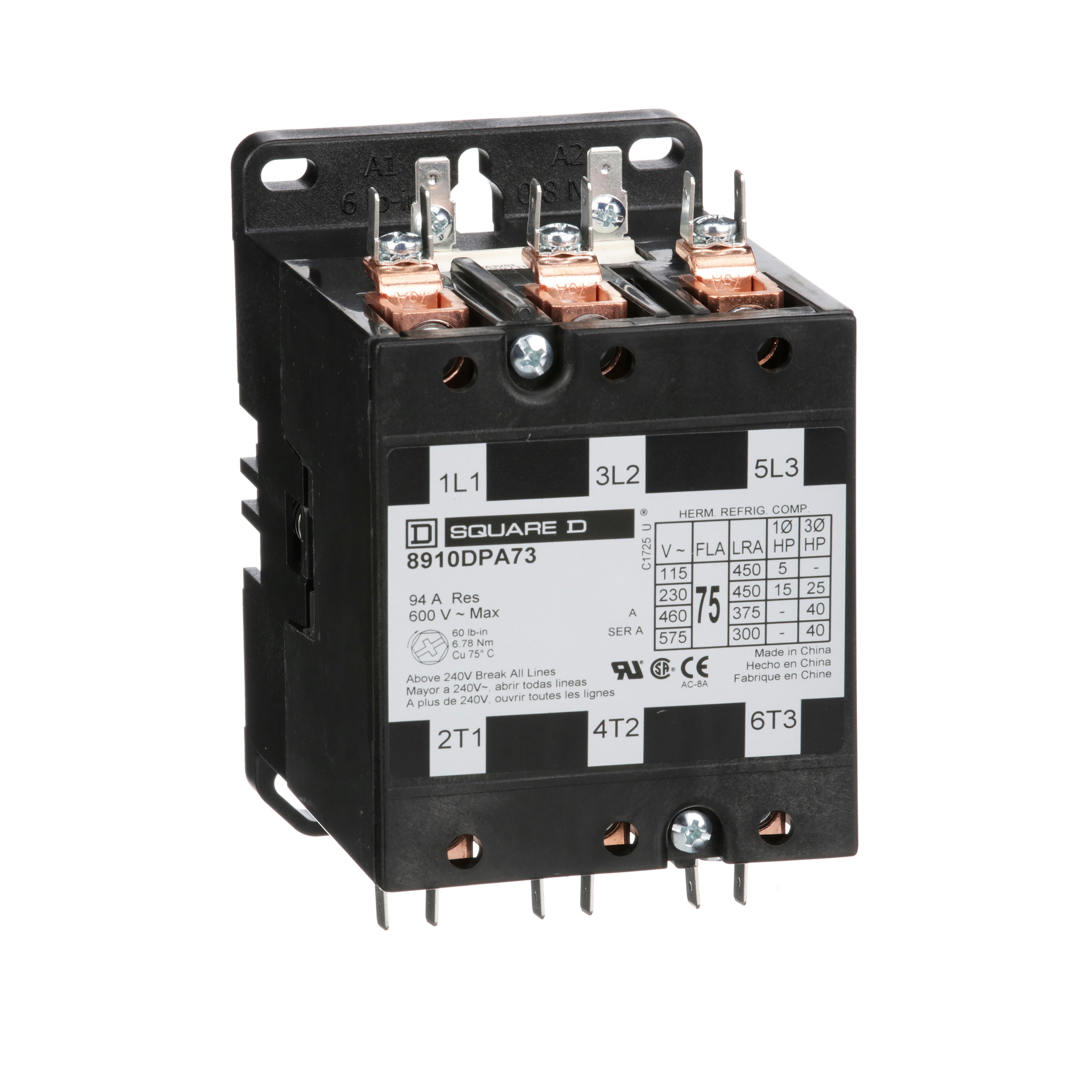 Contactor, Definite Purpose,  75A, 3 pole, 40 HP at 575 VAC, 3 phase, 24/24 VAC 50/60 Hz coil, open