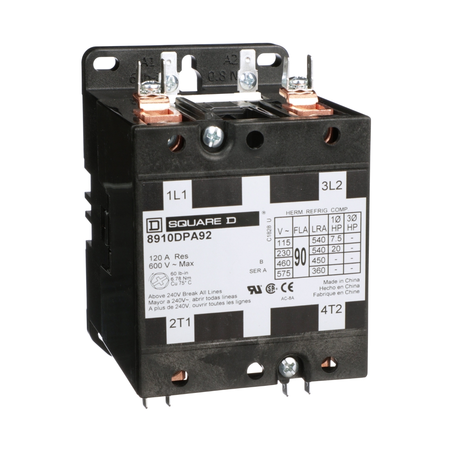 Contactor, Definite Purpose, 90A, 2 pole, 20 HP at 230 VAC, 1 phase, 208/240 VAC 60 Hz 220 VAC 50 Hz coil, open