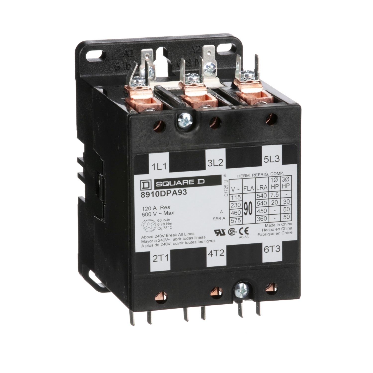 Contactor, Definite Purpose, 90A, 3 pole, 50HP at 575VAC, 3 phase, 110/120VAC 50/60Hz coil, open
