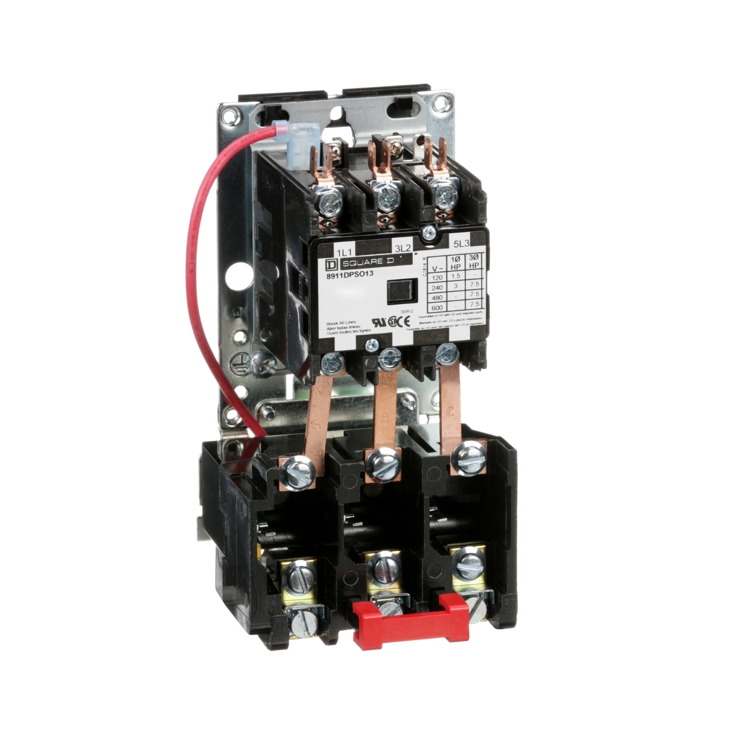 NEMA starter, Definite Purpose, 20A, 7.5HP at 600VAC, 3 phase, 3 pole, melting alloy, 480VAC coil, open