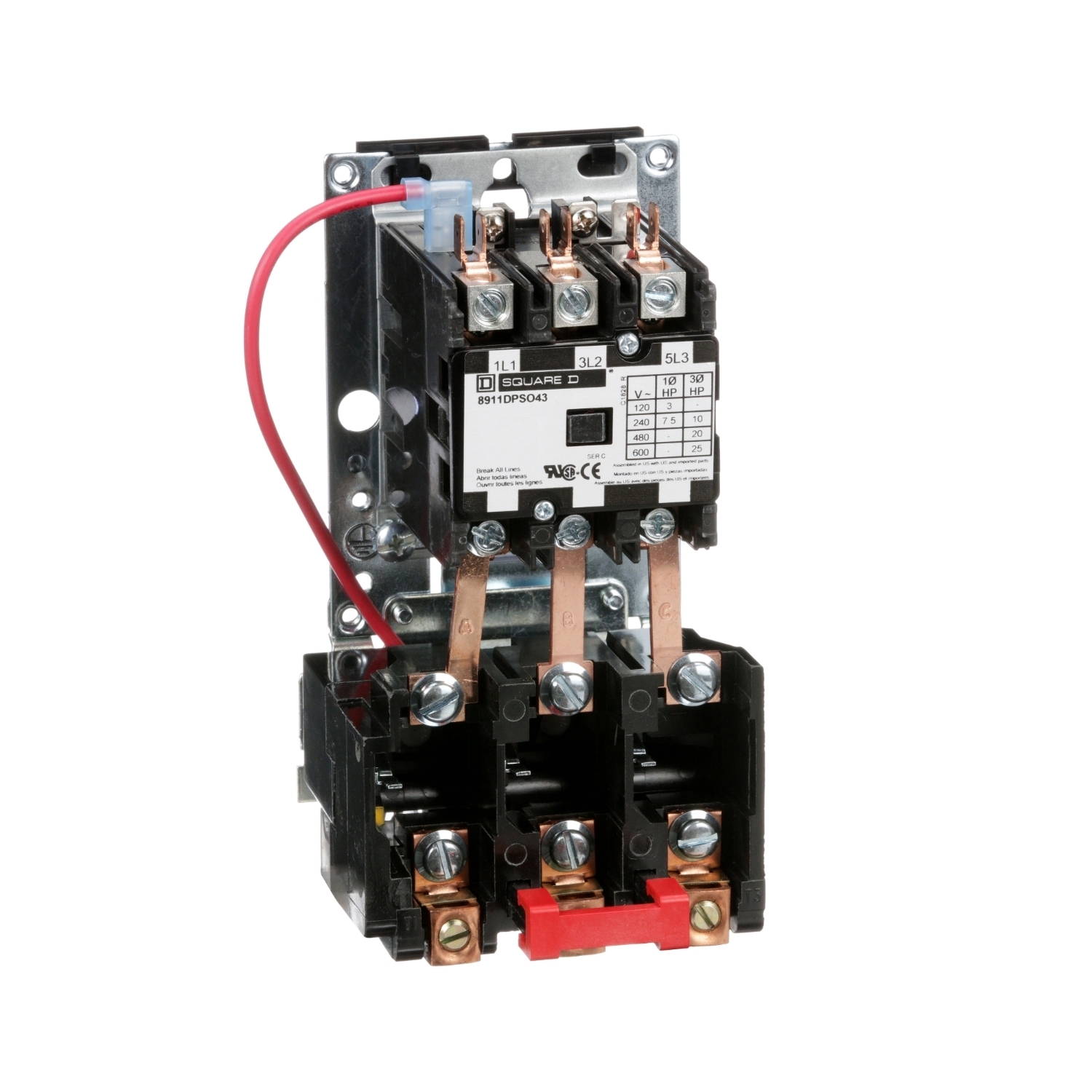 NEMA starter, Definite Purpose, 40A, 25HP at 600VAC, 3 phase, 3 pole, melting alloy, 208V to 240VAC coil, open