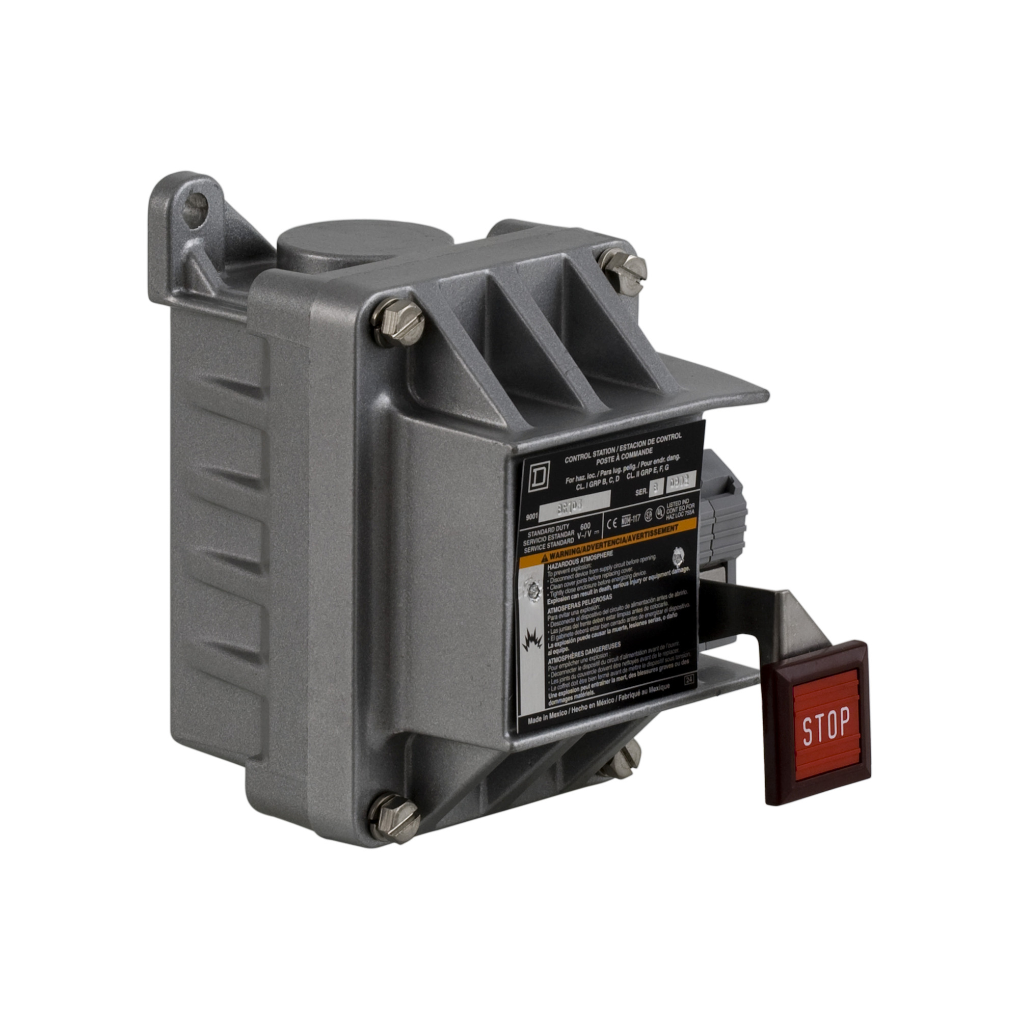Push button, Type B, standard duty control station, 5A, 600VAC, mushroom button, STOP, NEMA 7/9