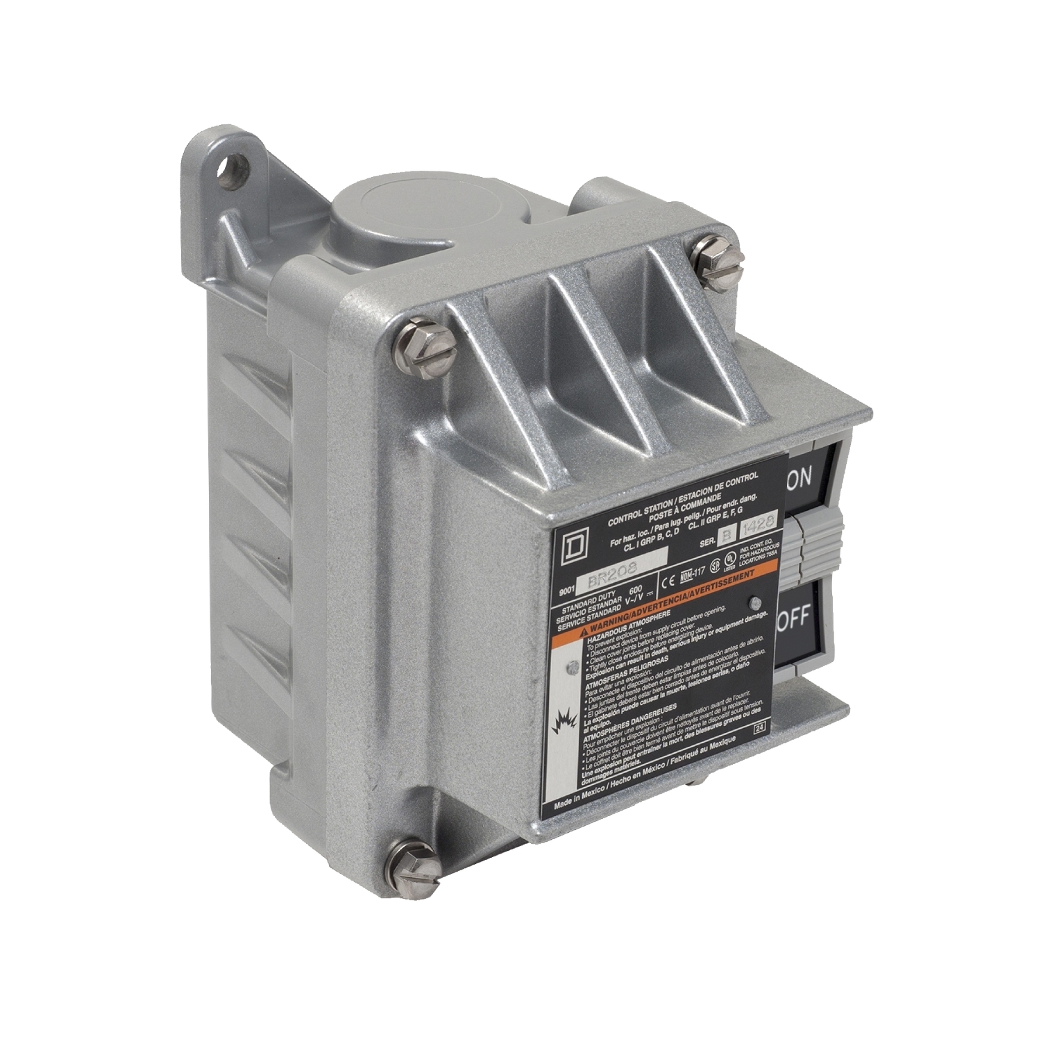 Complete control station, Harmony 9001B, 2 push buttons ON/OFF, Maintained Contact, 5A, 600V AC, 2NO, NEMA 7/9