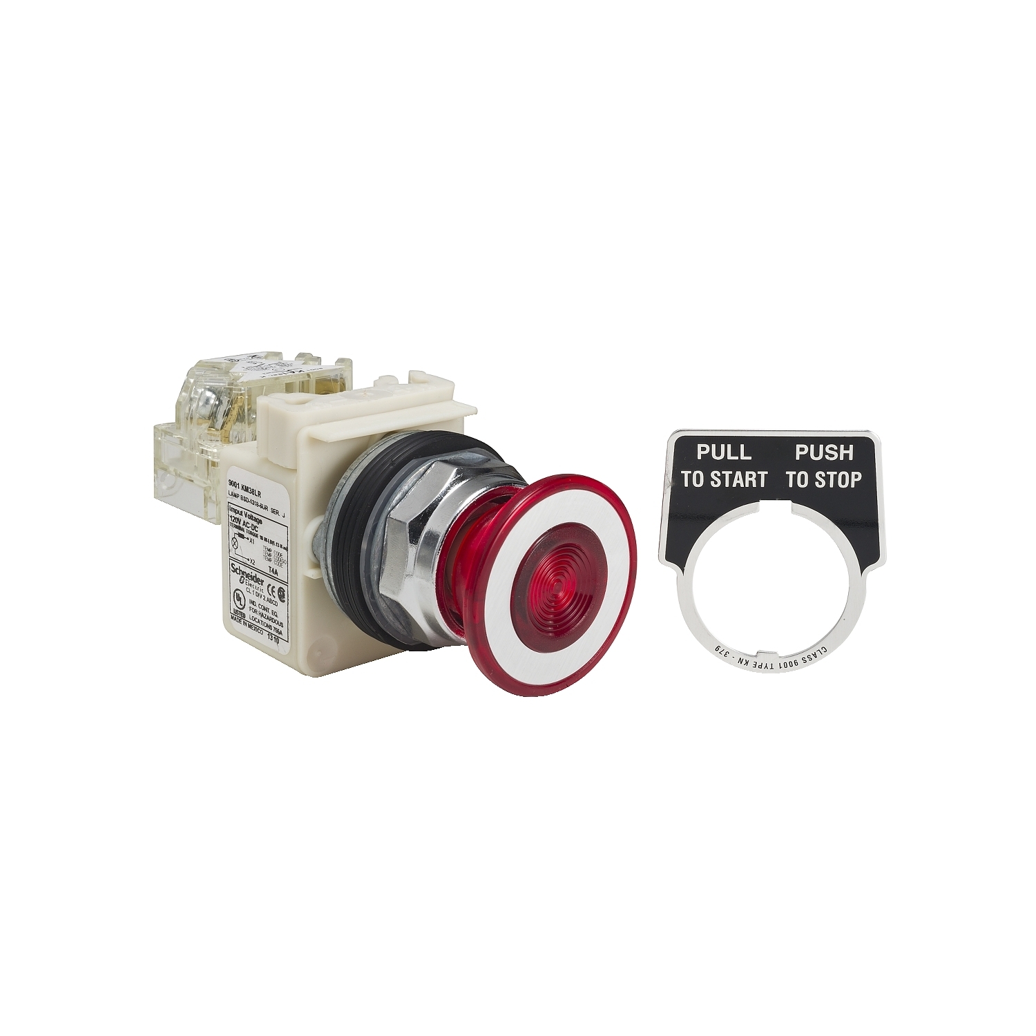 Illuminated push button, Harmony 9001K, metal, mushroom 41mm, red, 30mm, 2 positions, push pull, LED red, 120V, 1 changeover