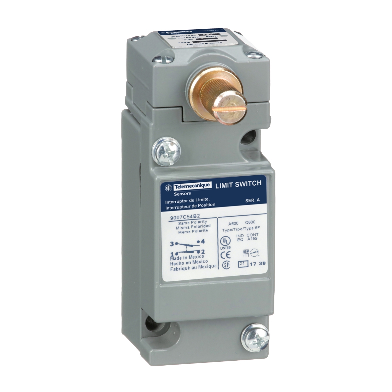 limit switch, 9007C, full body, rotary lever arm, standard pretravel, spring return, 1 NO and 1 NC, NEMA 4 and 13