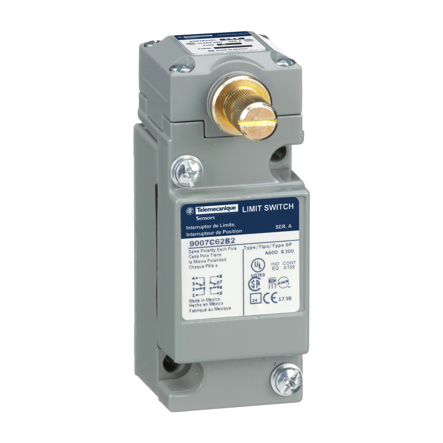 limit switch, 9007C, compact body, rotary lever arm, standard pretravel, spring return, 2 NO and 2 NC, NEMA 4 and 13