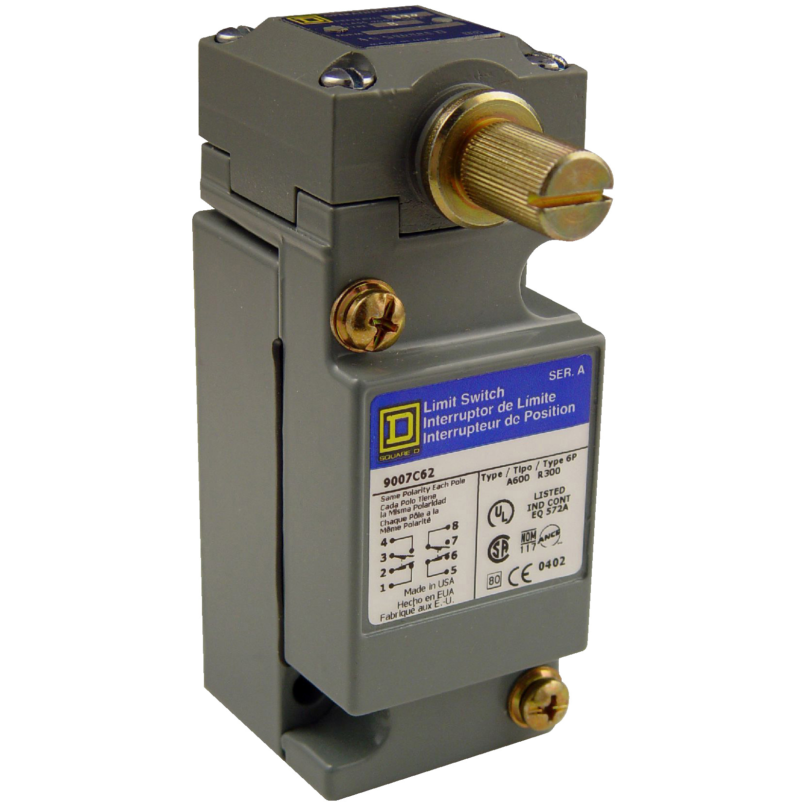 NEMA limit switch, 9007C, heavy duty, standard, spring return lever, low torque, 10A, 600V, 2NO/2NC, NEMA 4, 6P, 12, 13
