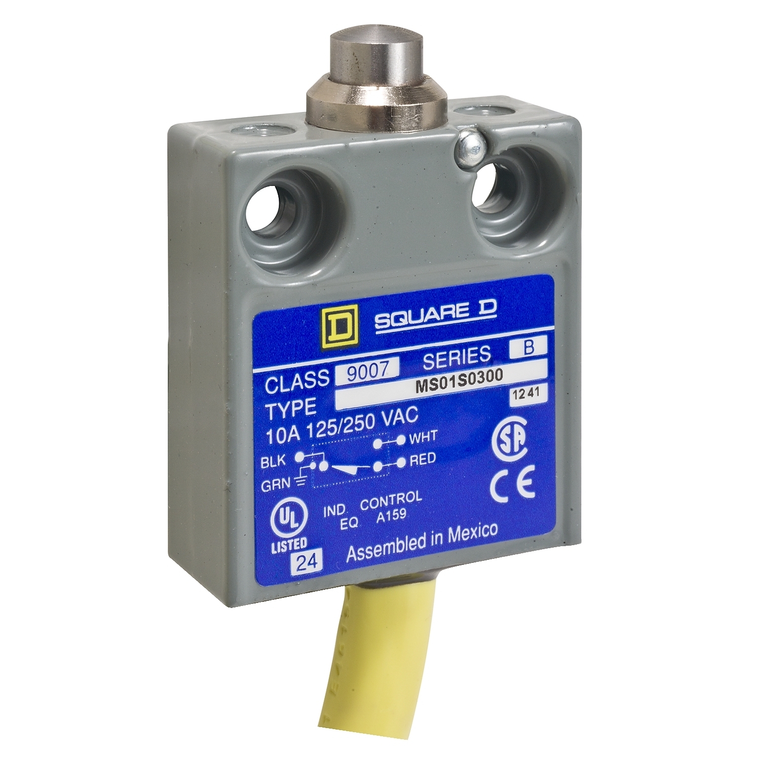 Limit switch, 9007MS, miniature, top plunger, 10A at 240VAC, 1NO/1NC, 3 feet of cable, NEMA 4, 6, 6P, 12, 13