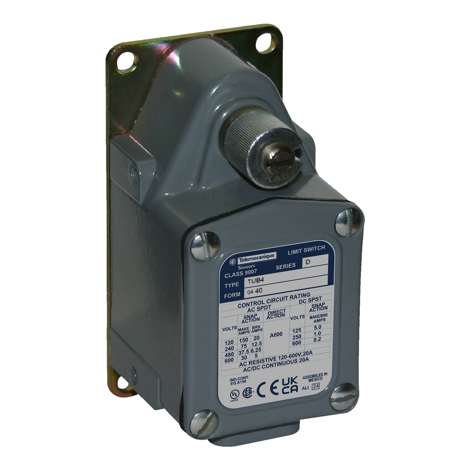 NEMA limit switch, 9007T, severe duty, rotary lever arm, 20A at 120VAC, clockwise only, 1NO/1NC, NEMA 1, 4, 12, 13