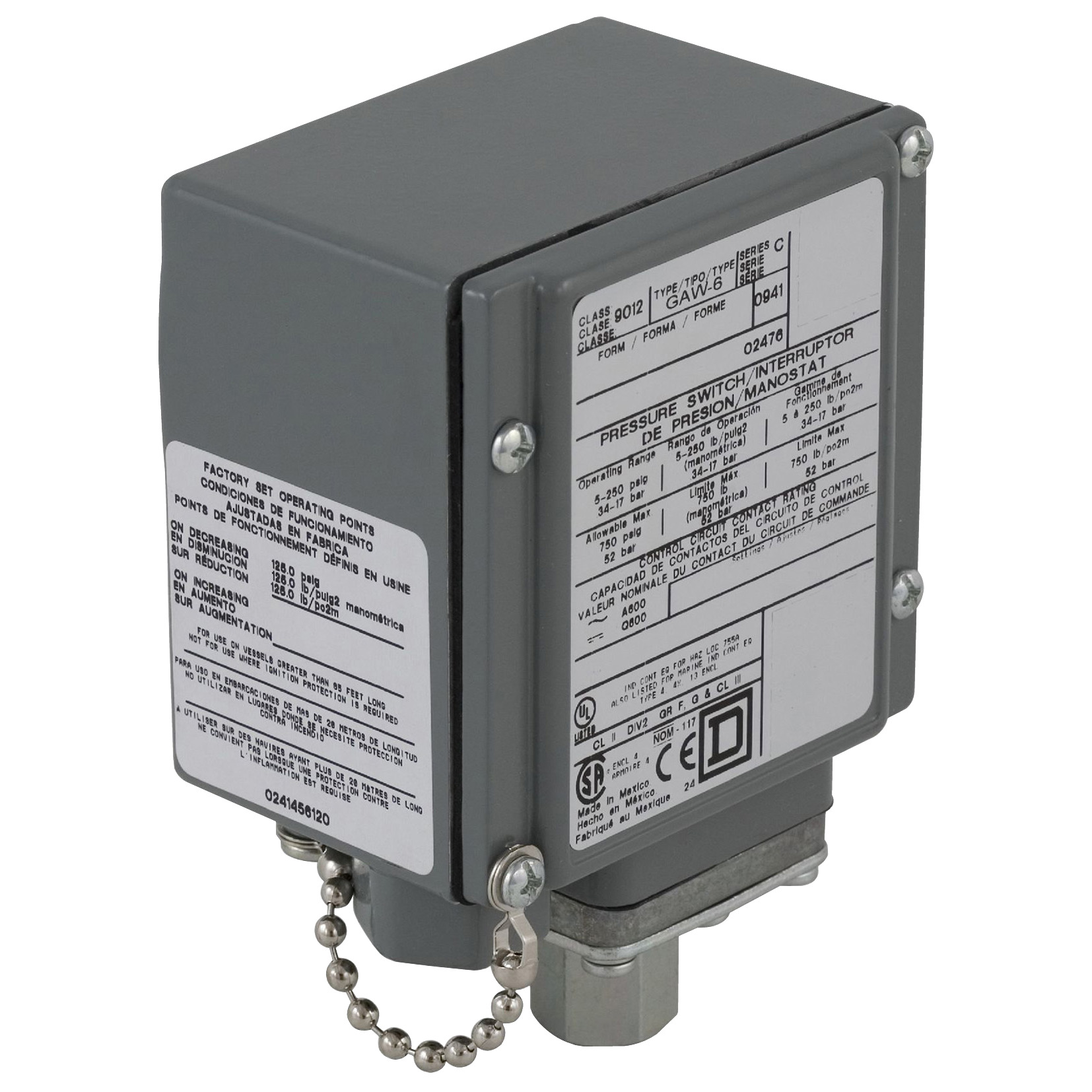 Pressure switch, 9012G, adjustable scale, 2 thresholds, 1.0 to 40PSIG