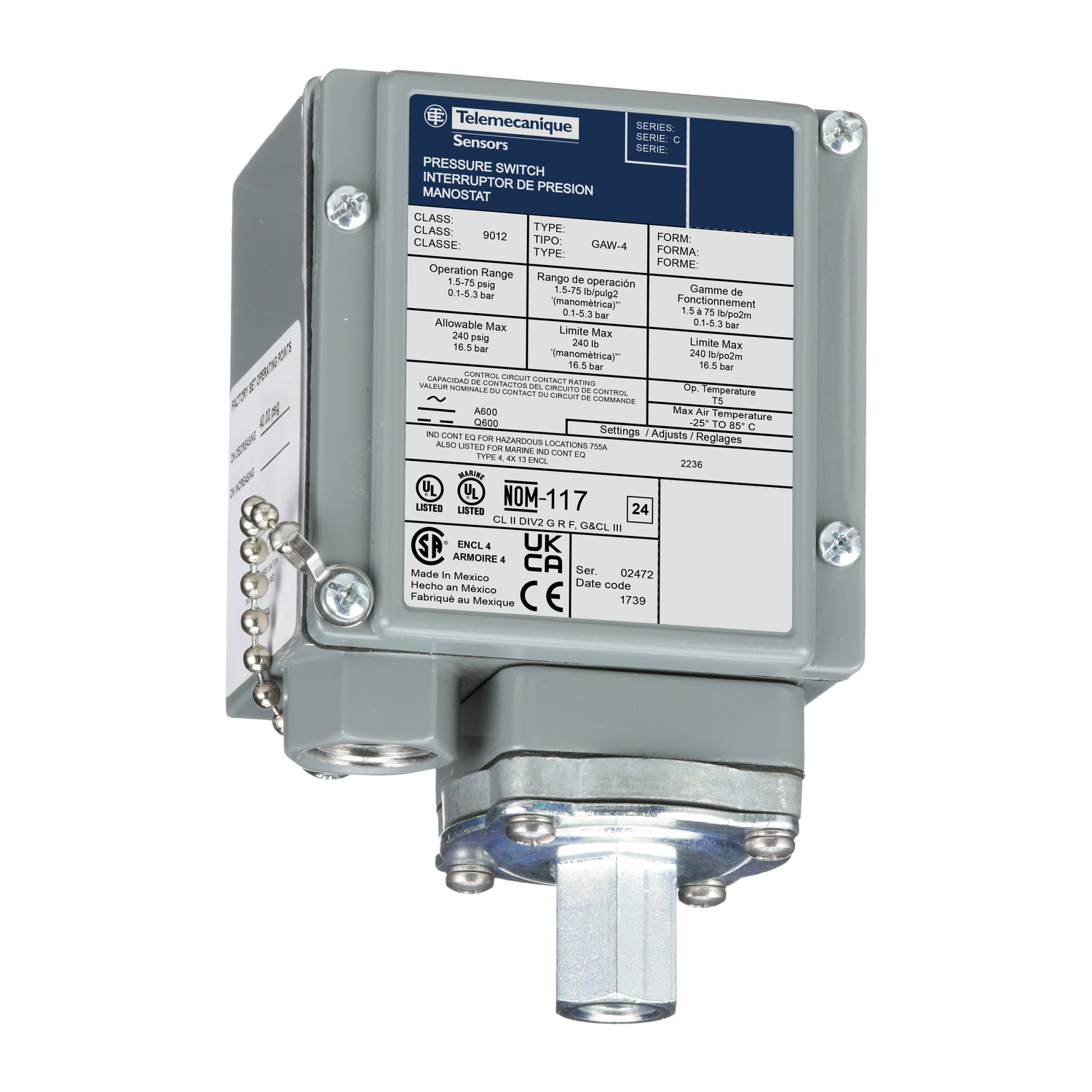 industrial pressure switch, 9012G, adjustable scale, 2 thresholds, 1.5 to 75 psig