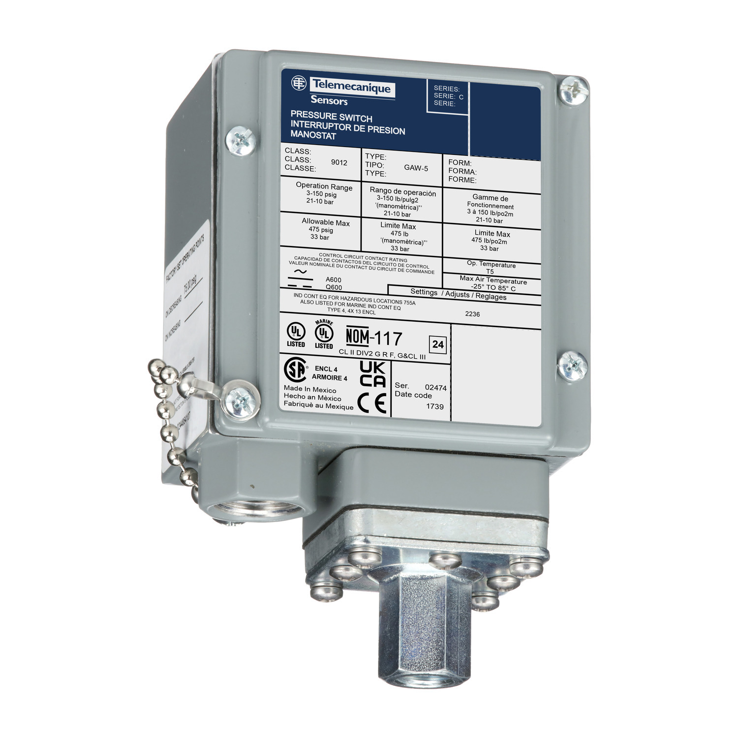 industrial pressure switch, 9012G, adjustable scale, 2 thresholds, 3.0 to 150 psig
