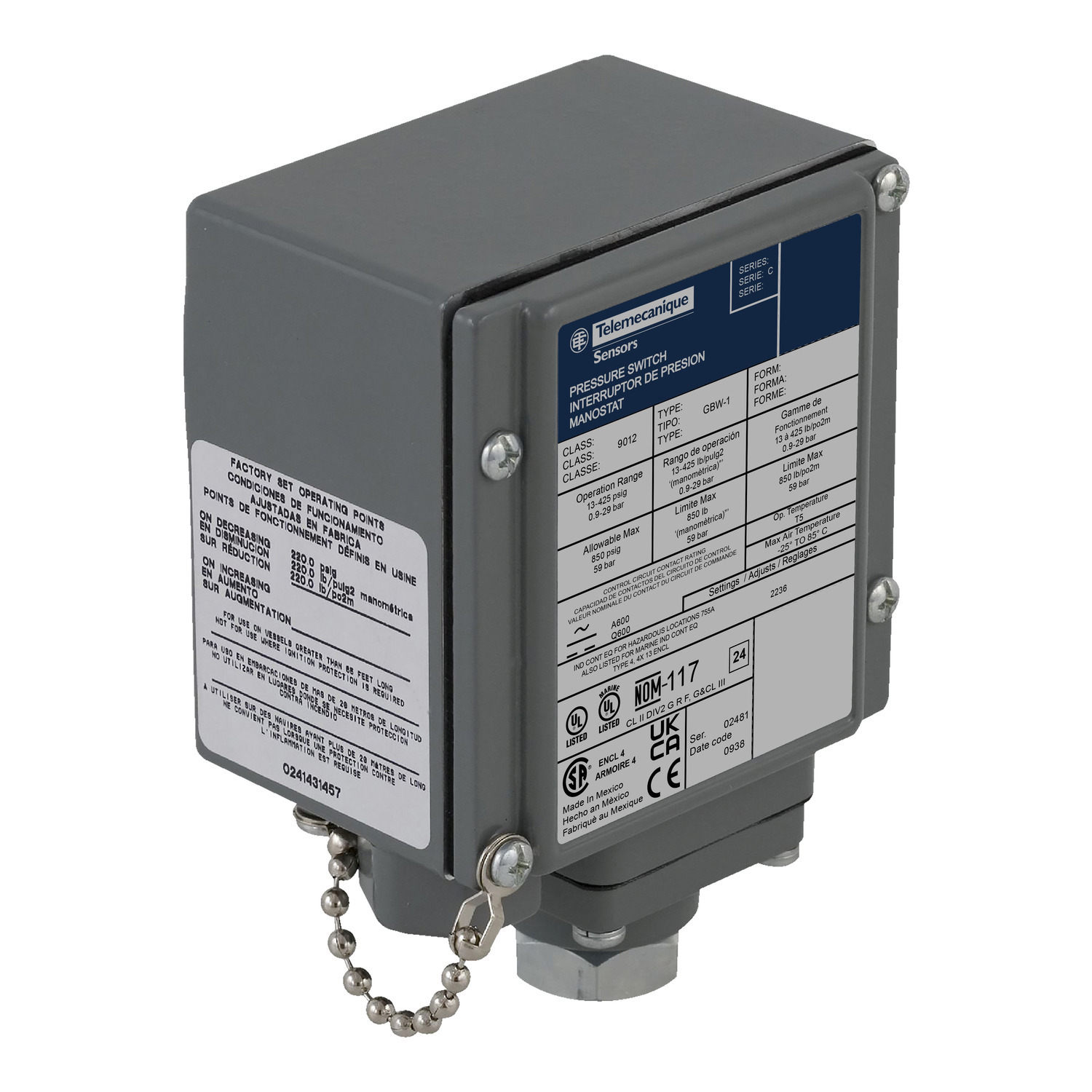 Pressure switch, 9012G, adjustable scale, 2 thresholds, 20 to 675PSIG