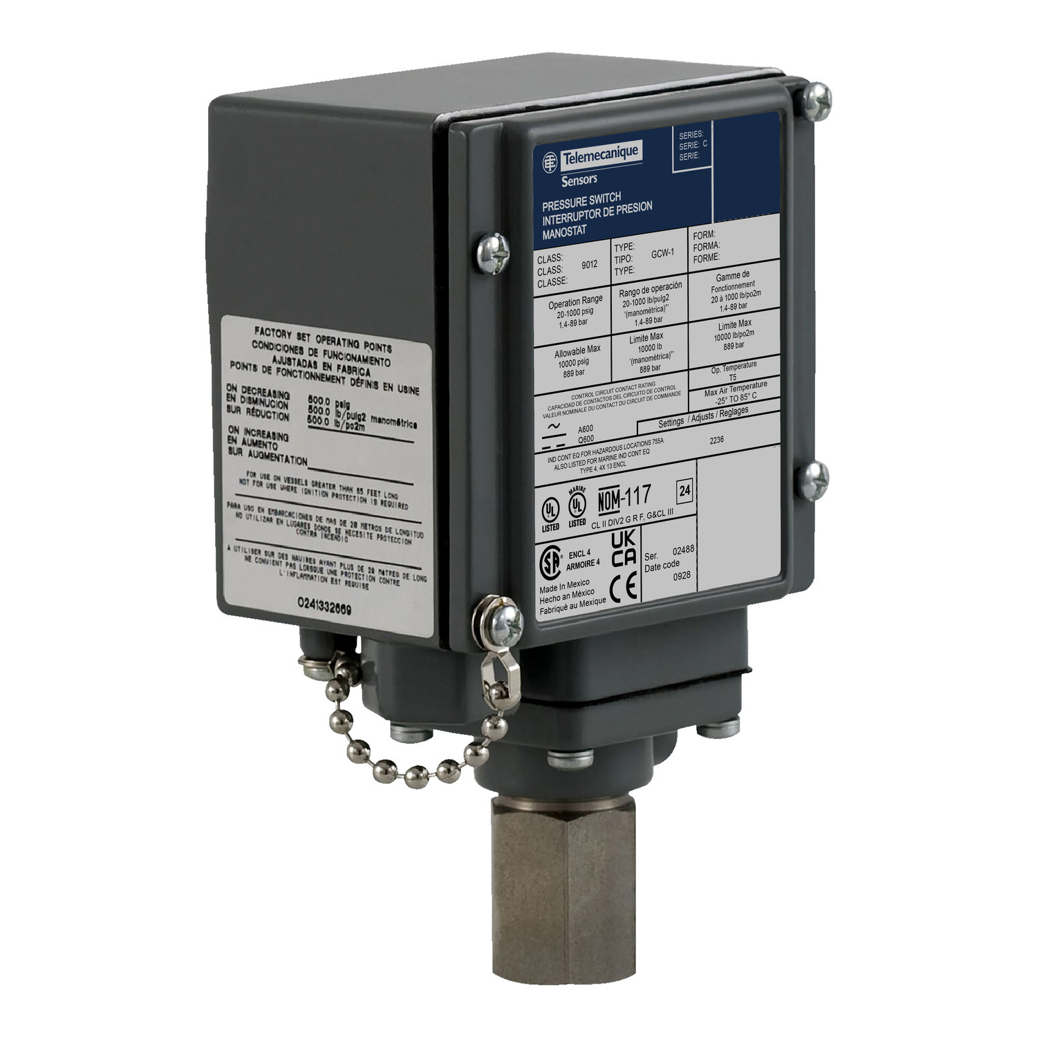 Pressure switch 9012G, adjustable scale, 2 thresholds, 170 to 5600 PSIG