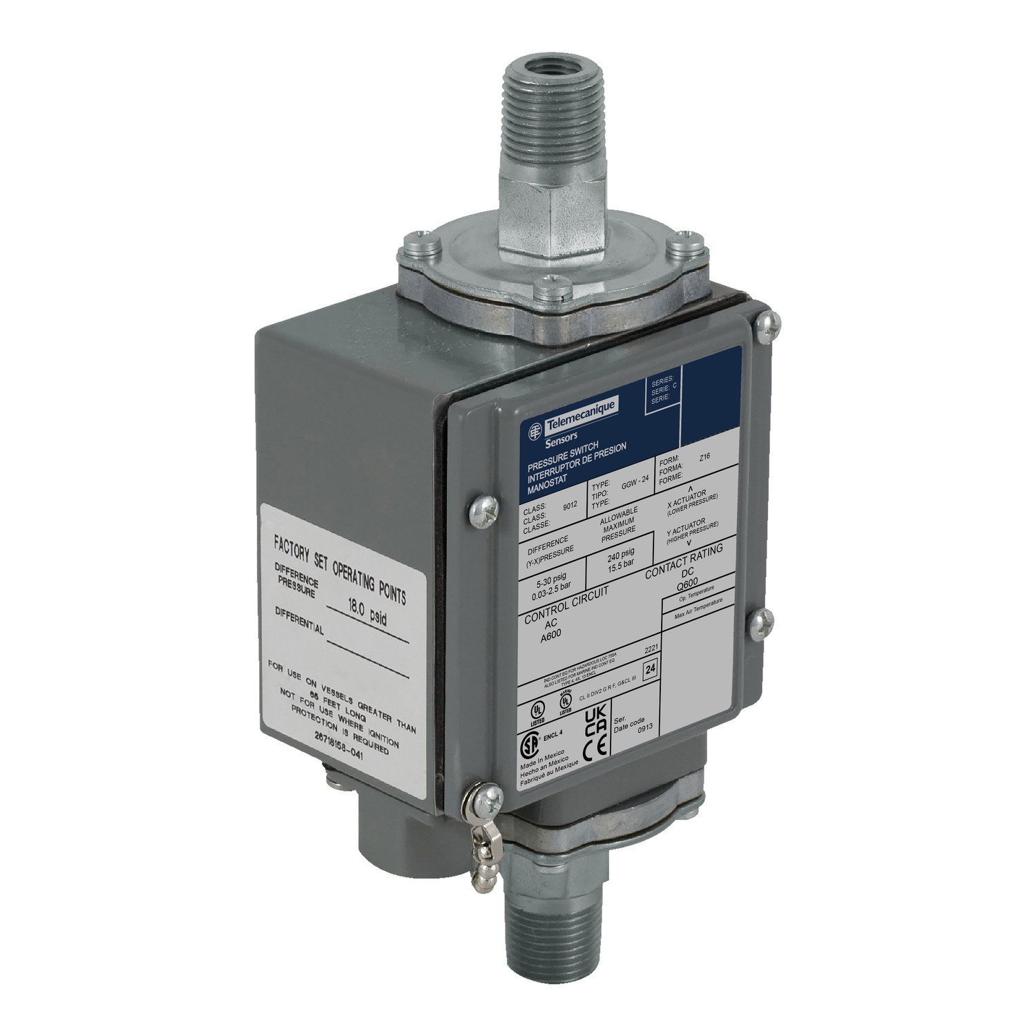 Pressure switch 9012G, adjustable scale, 2 thresholds, 0 to 175 PSIG