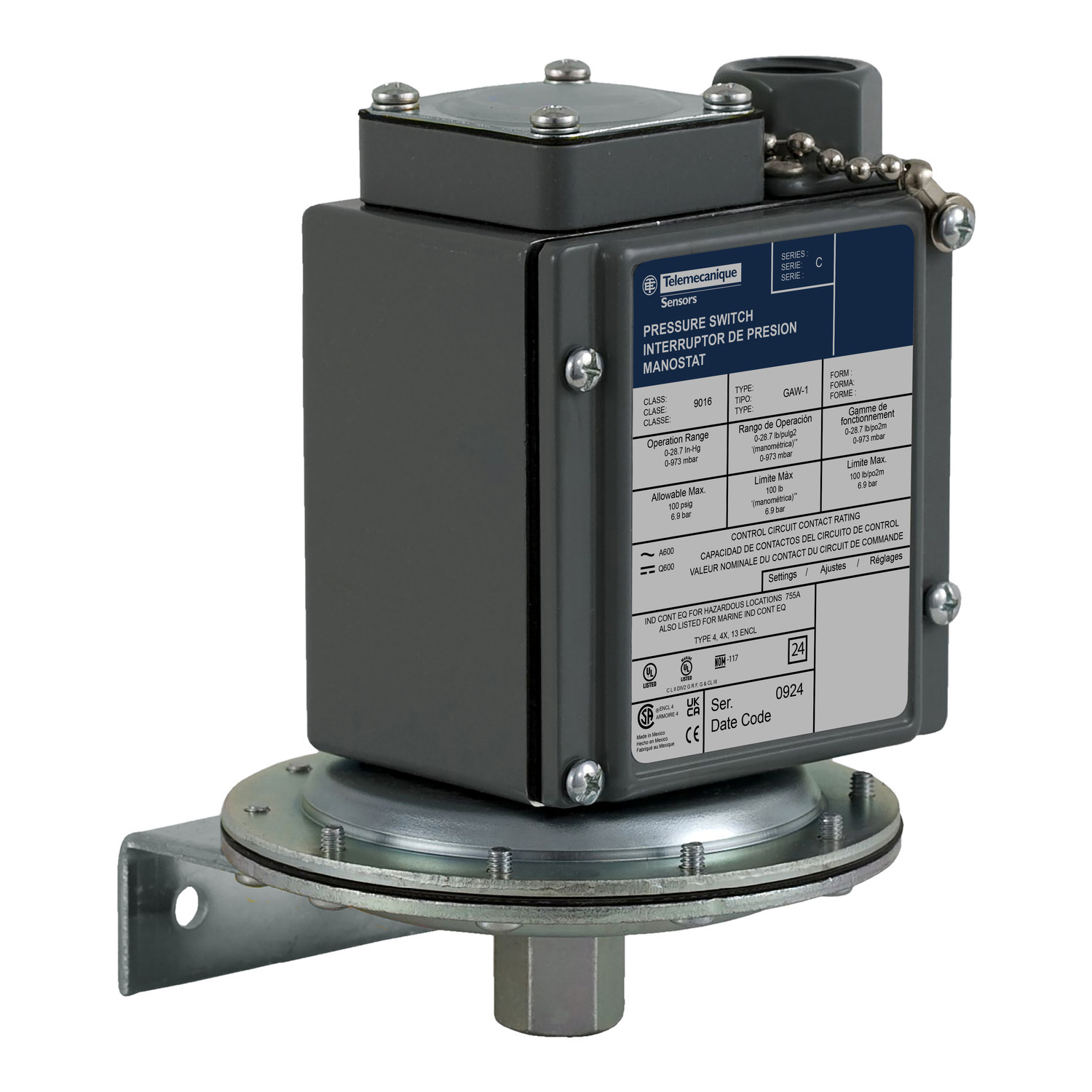 Electromechanical vacuum switch, 9016G, adjustable scale, 2 thresholds, Set 0 to 28.3 InHg