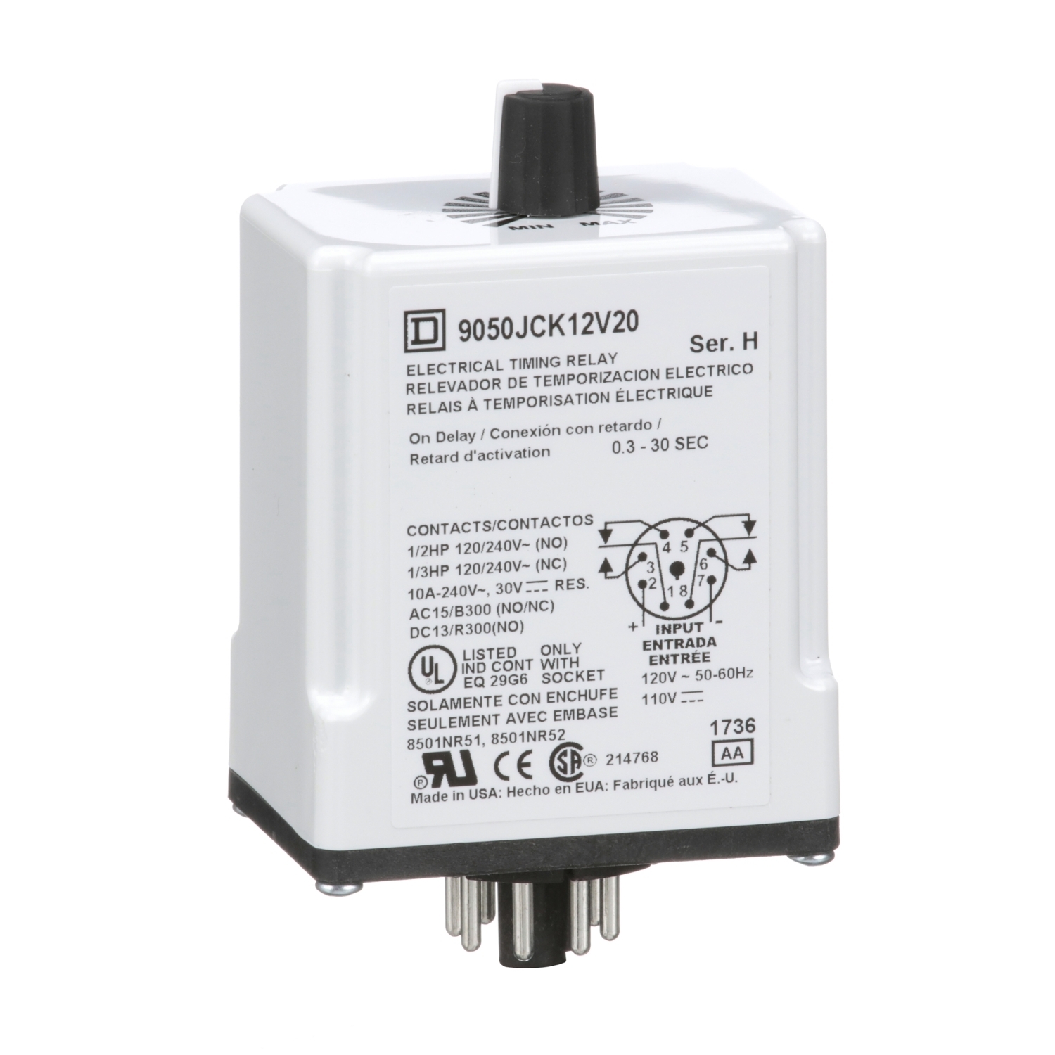 Timing Relay, Type JCK, plug In, on delay, adjustable time, 0.3 to 30 seconds, 10A, 240 VAC, 120 VAC/110 VDC