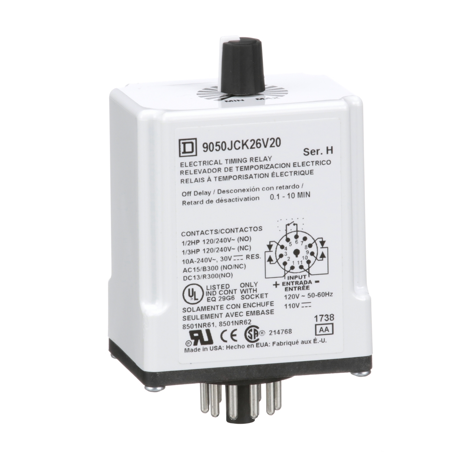 Timer, Harmony 9050 JCK, off delay, adjustable time, 0.1 to 10 minutes, 10A, 240V AC, 120V AC/110V DC