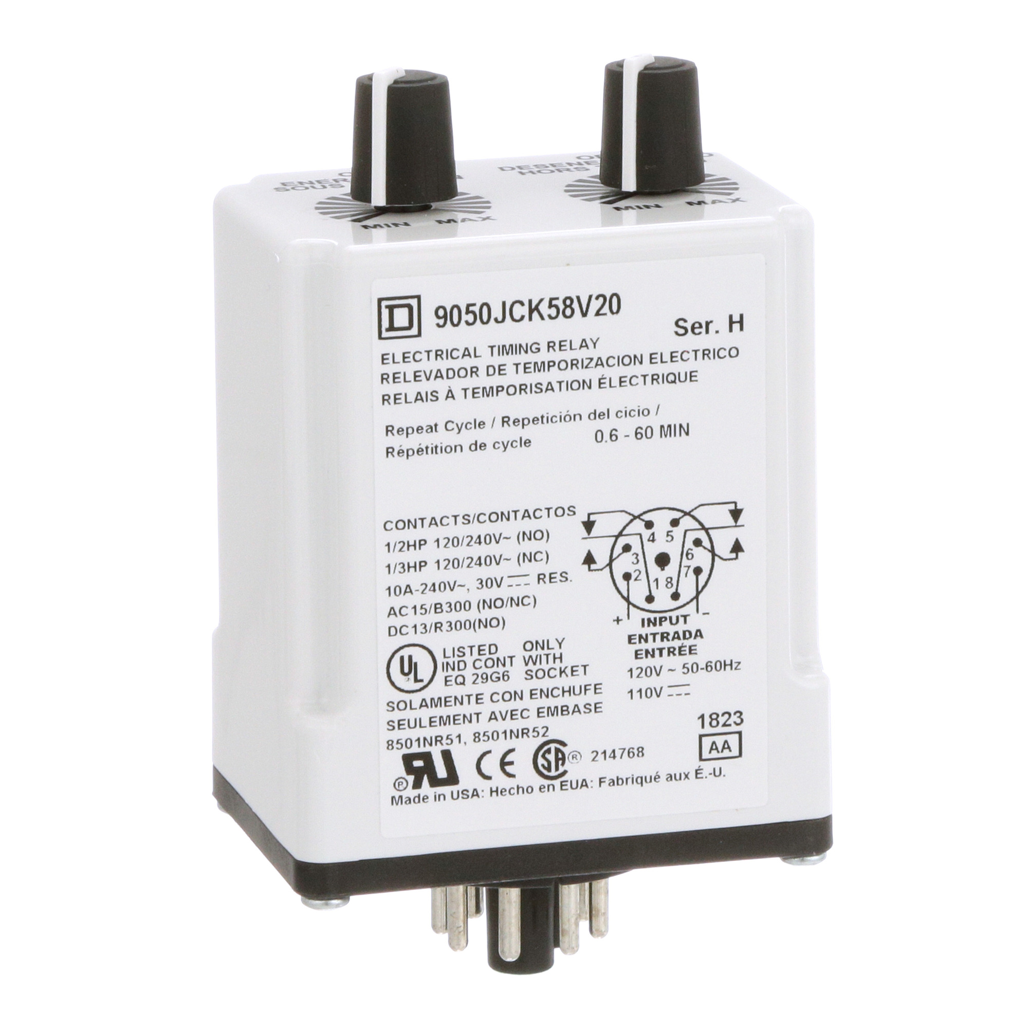 Timing Relay, Type JCK, plug In, repeat cycle, adjustable time, 0.6 to 60 minutes, 10A, 240 VAC, 120 VAC/110 VDC
