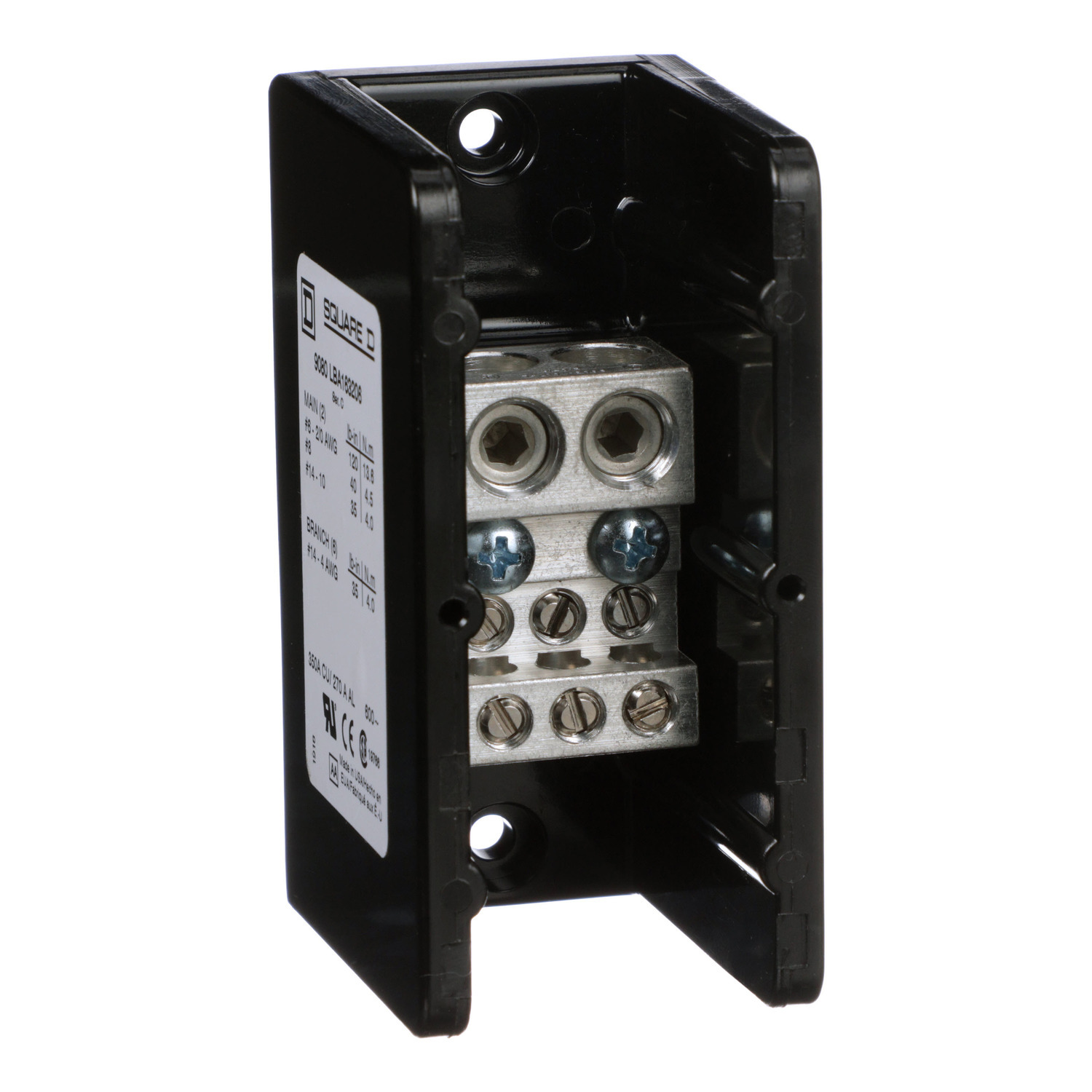 Power distribution block, Linergy, 1 pole, 2 line, 6 load, 350A Cu, 270A Al, 600V