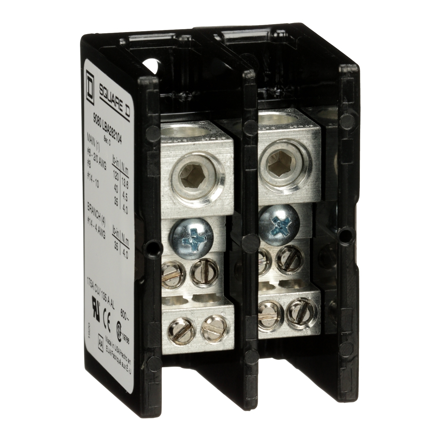 Power distribution block, Linergy, 2 pole, 1 line, 4 load, 175A Cu, 135A Al, 600V