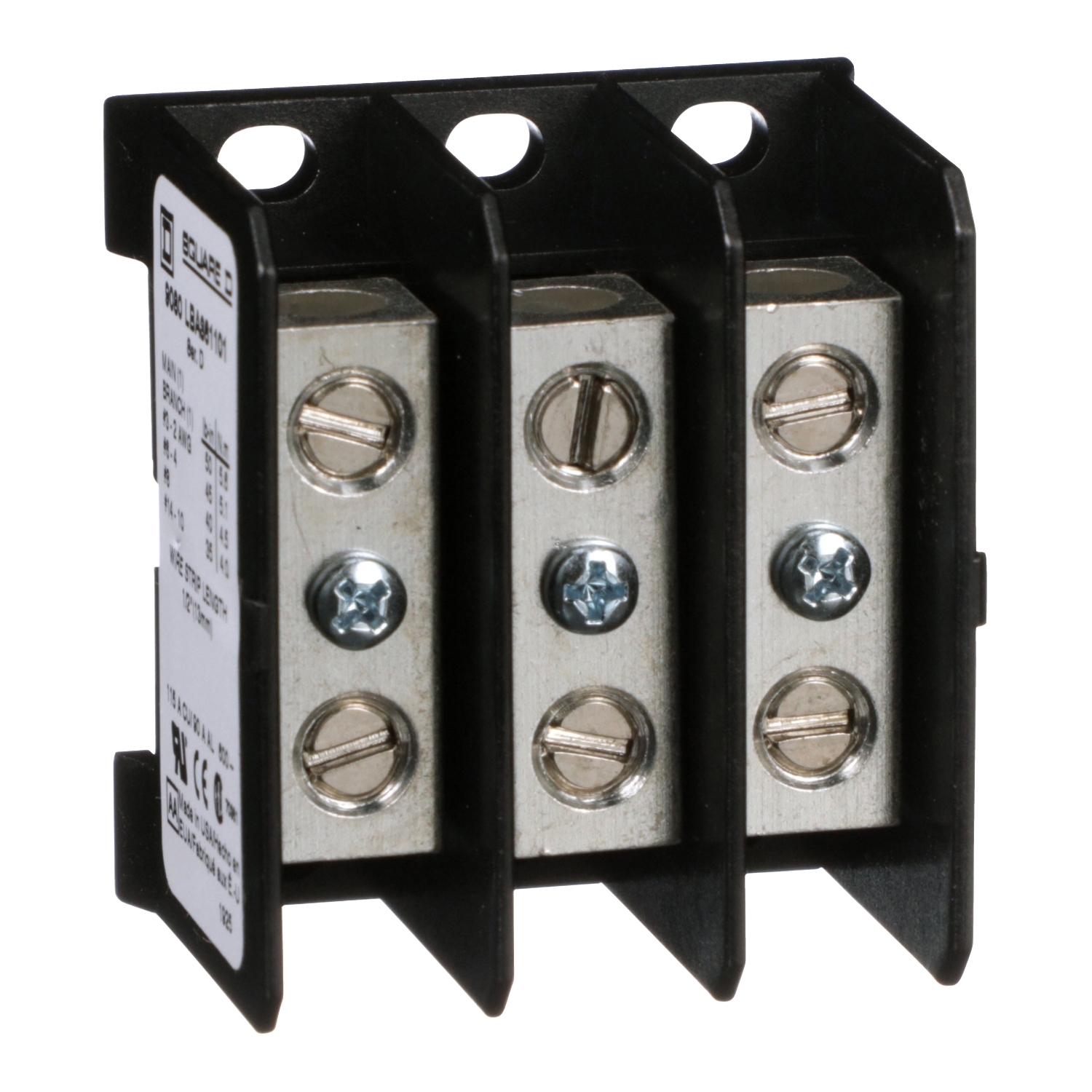 Power distribution block, Linergy, 3 pole, 1 line, 1 load, 115A CU, 90A AL, 600 V