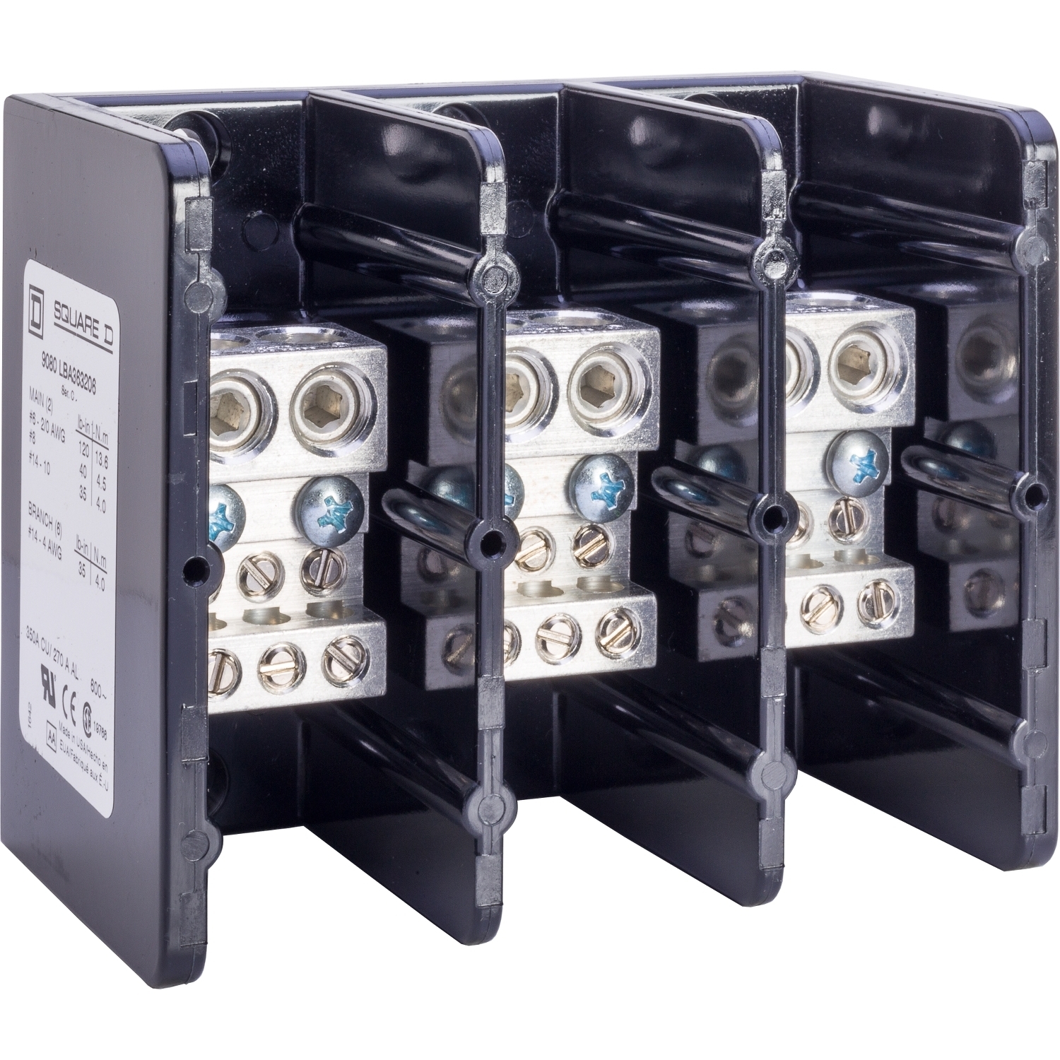 Power distribution block, Linergy, 3 pole, 2 line, 6 load, 350A Cu, 270A Al, 600V