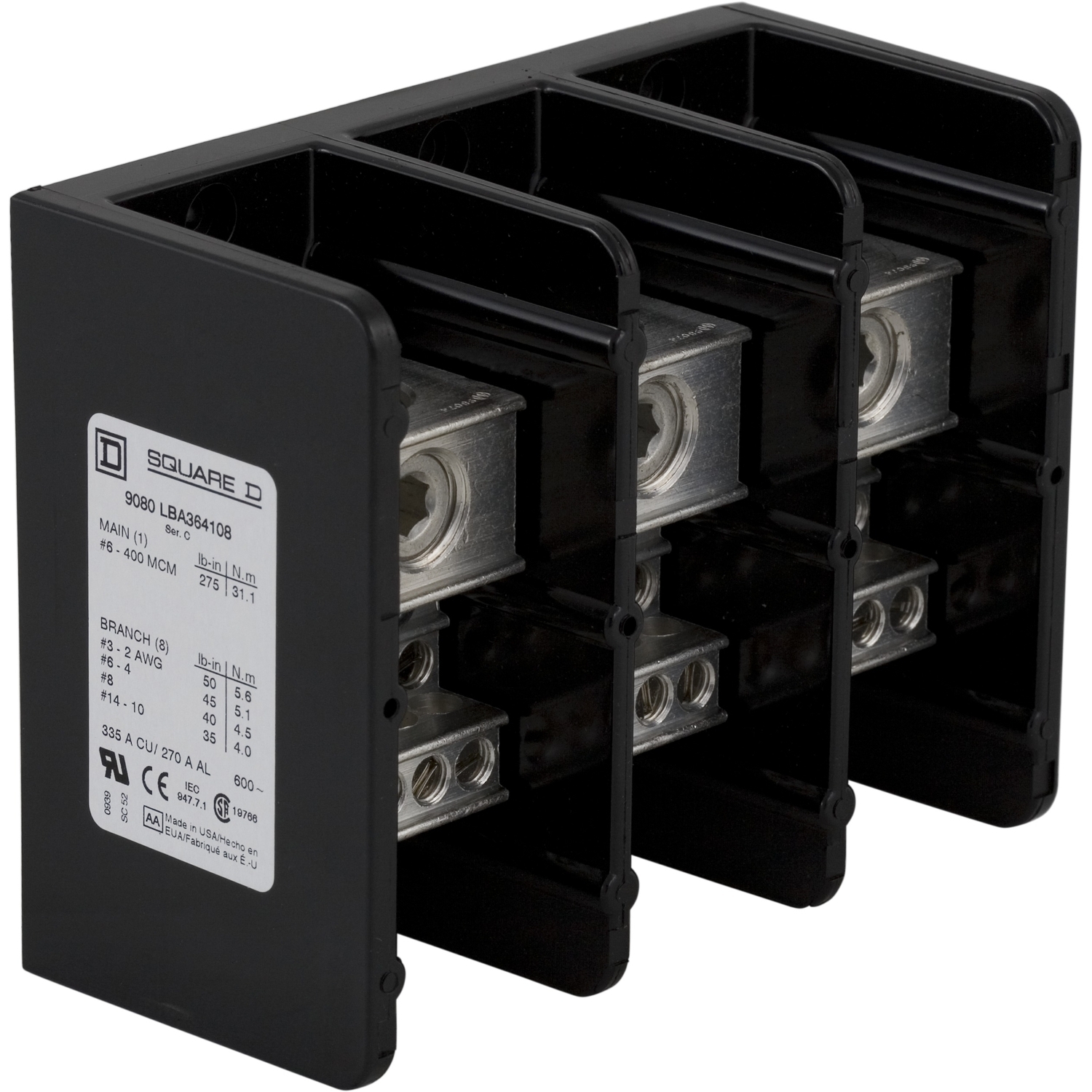 Power distribution block, Linergy, 3 pole, 1 line, 8 load, 335A Cu, 270A Al, 600V