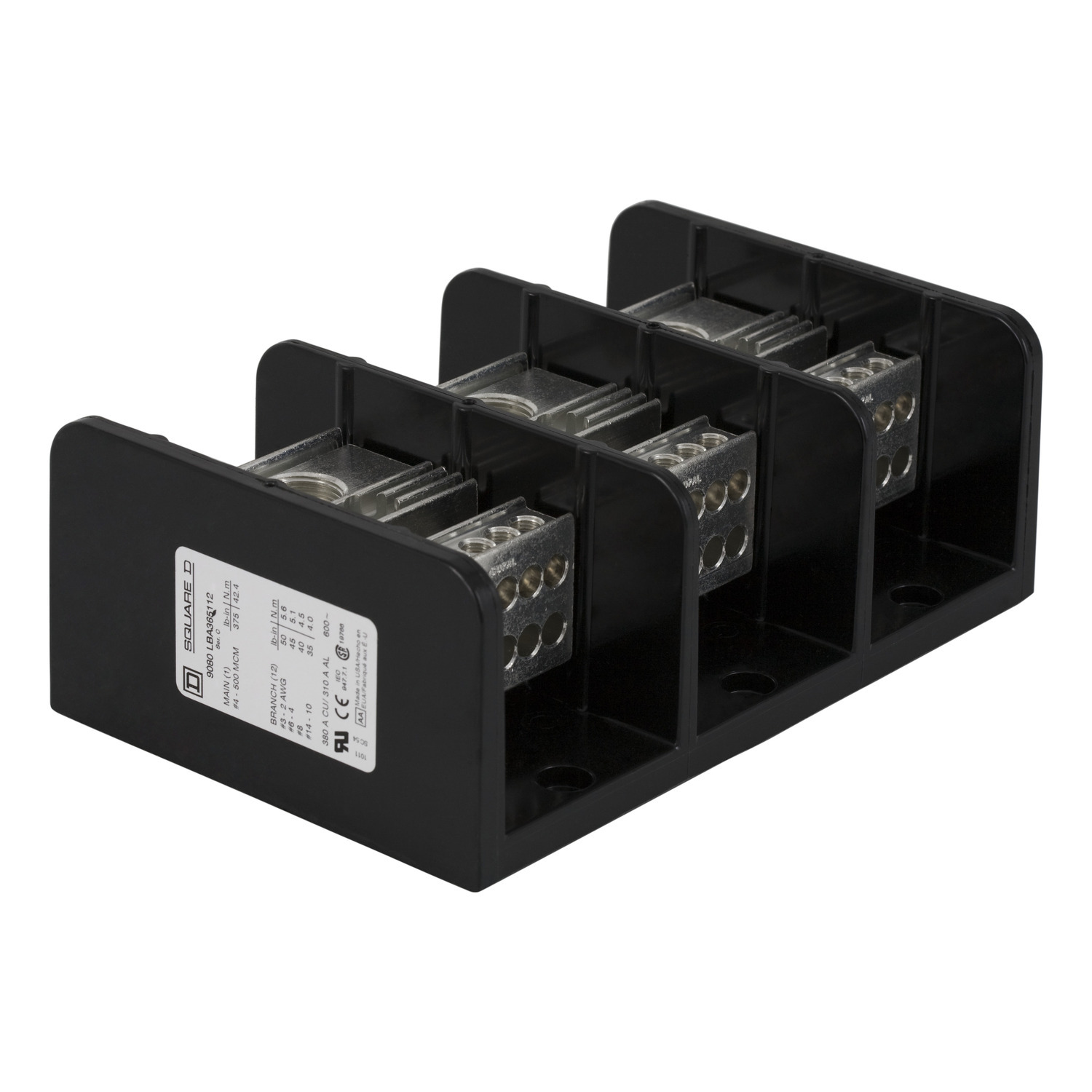 Power distribution block, Linergy, 3 pole, 1 line, 12 load, 380A Cu, 310A Al, 600V