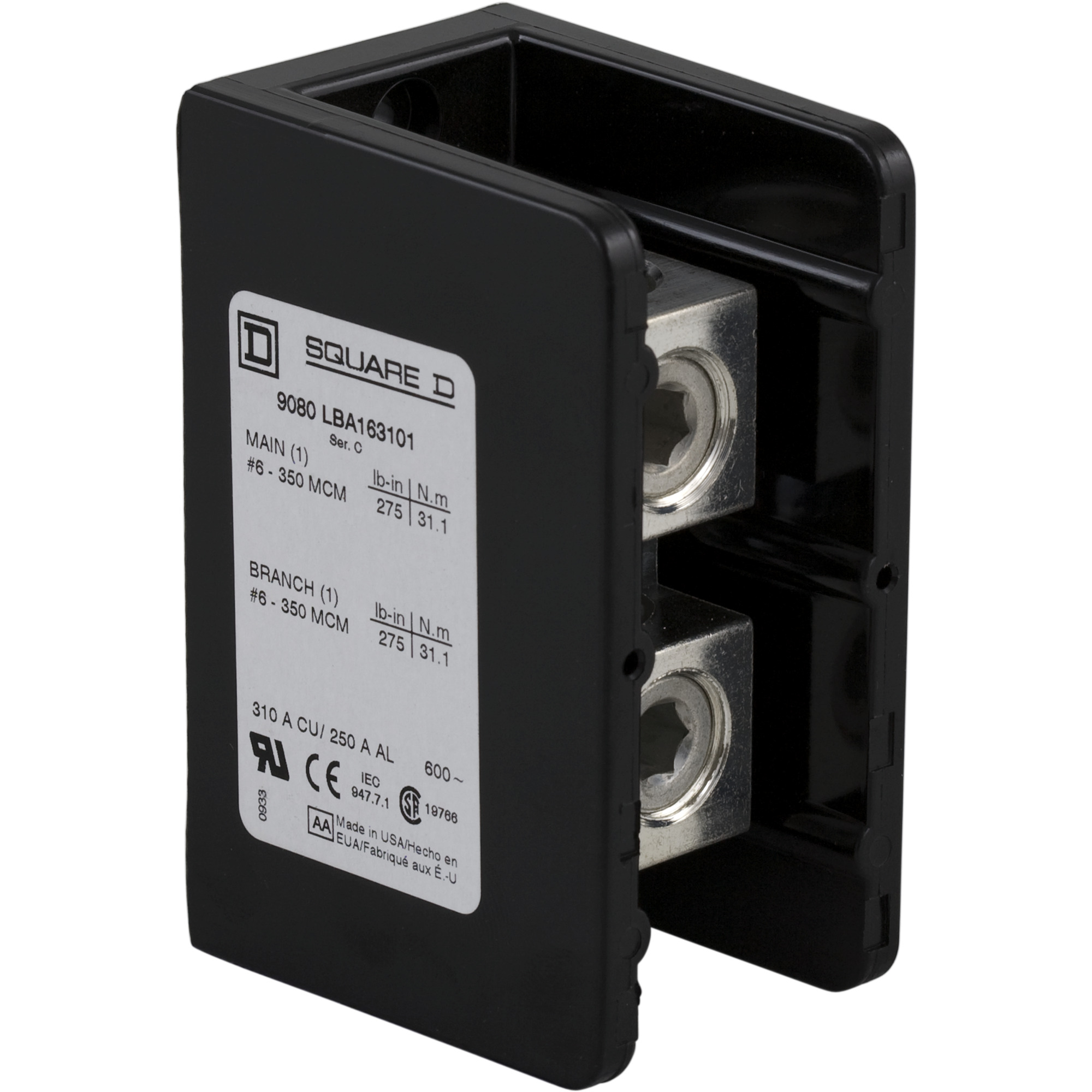 Power distribution block, Linergy, 1 pole, 1 line, 1 load, 255A CU, 600 V