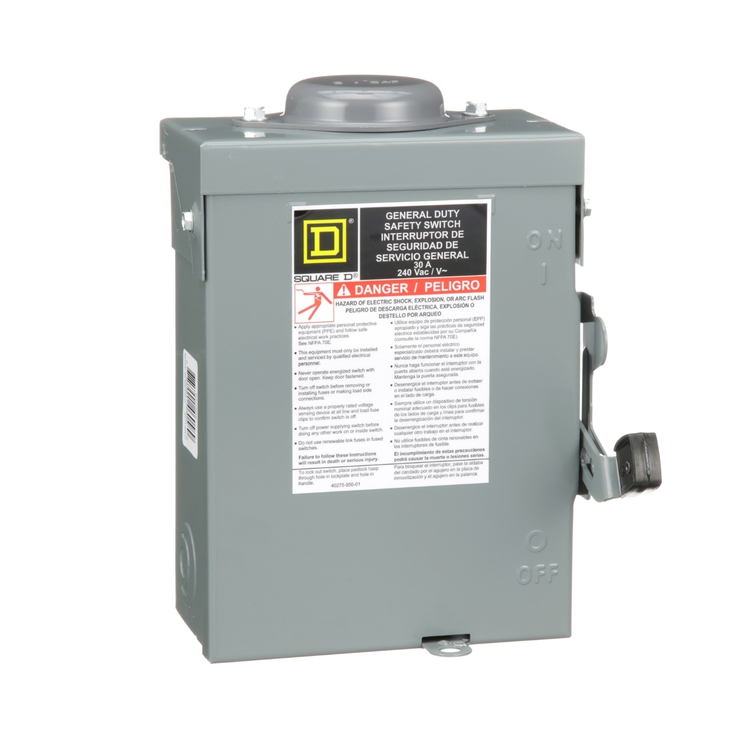 Safety switch, general duty, fusible, 2 pole, 3 wire, 240VAC, 30A, Type 3R, bolt on hub prov, with neutral