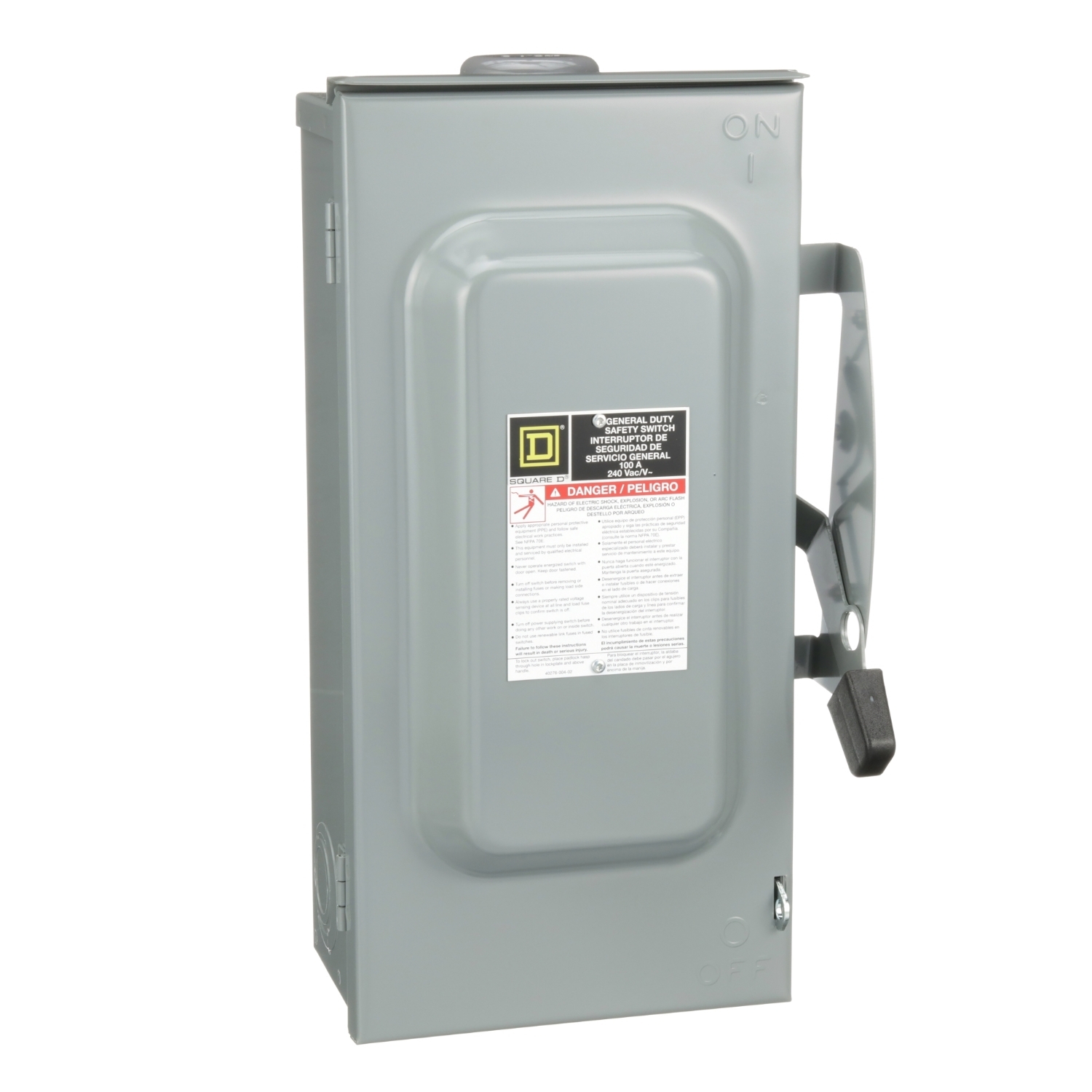Safety switch, general duty, fusible, 2 pole, 3 wire, 240VAC, 100A, Type 3R, bolt on hub prov, with neutral