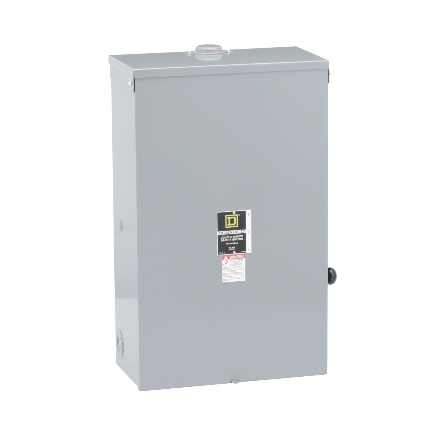 Safety switch, double throw, non fusible, 2 pole, 3 wire, 240VAC, 200A, Type 3R, bolt/hub prov, with neut