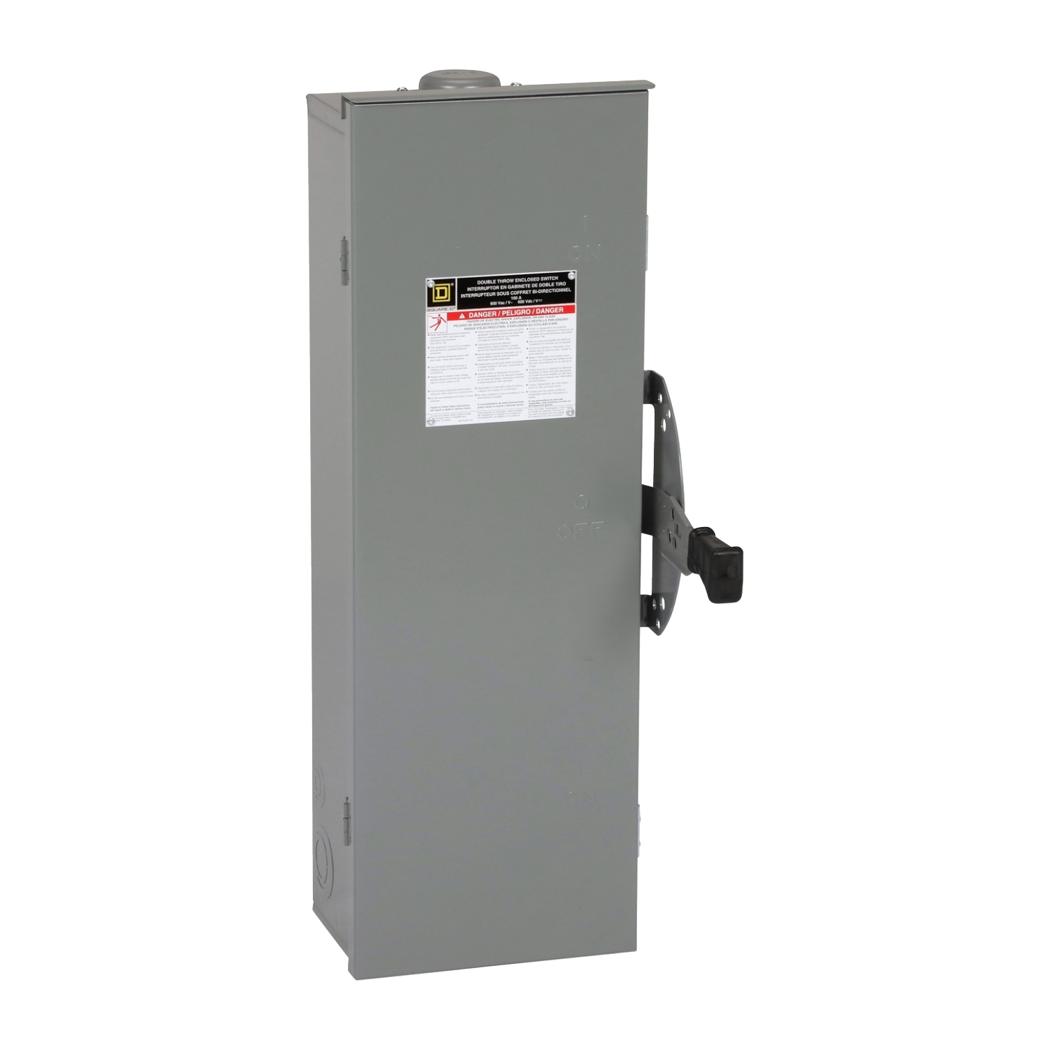 Safety switch, double throw, non fusible, 3 pole, 3 wire, 600VAC, 600VDC, 100A, Type 3R, bolt on hub prov
