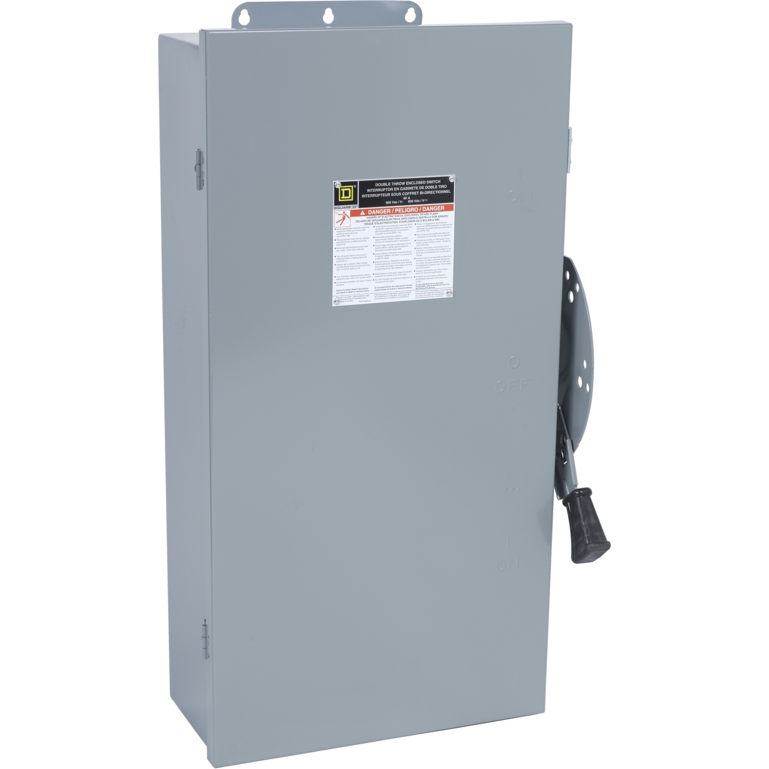 Safety switch, double throw, non fusible, 6 pole, 6 wire, 600VAC, 600VDC, 60A, Type 12 without knock outs