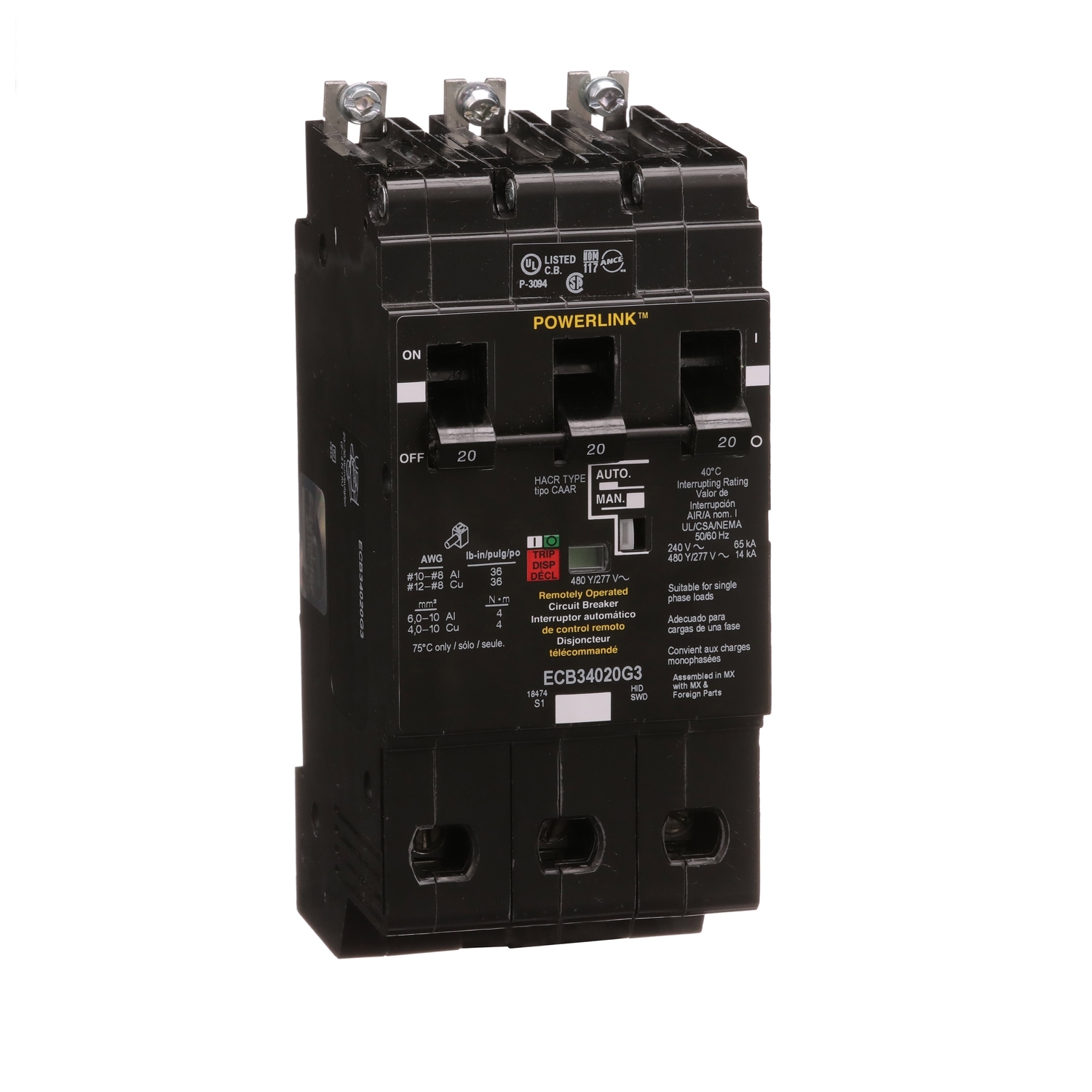 Circuit Breaker, PowerLink?, 20A, 3 pole, 480Y/277VAC, 14kA, remotely operated, bolt on mount [TAA]
