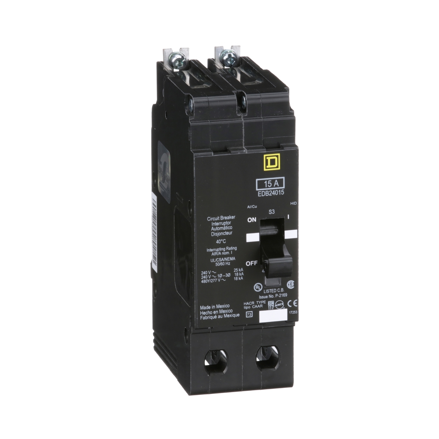 Mini circuit breaker, E-Frame, 15A, 2 pole, 480Y/277VAC, 25kA max, bolt on [TAA]