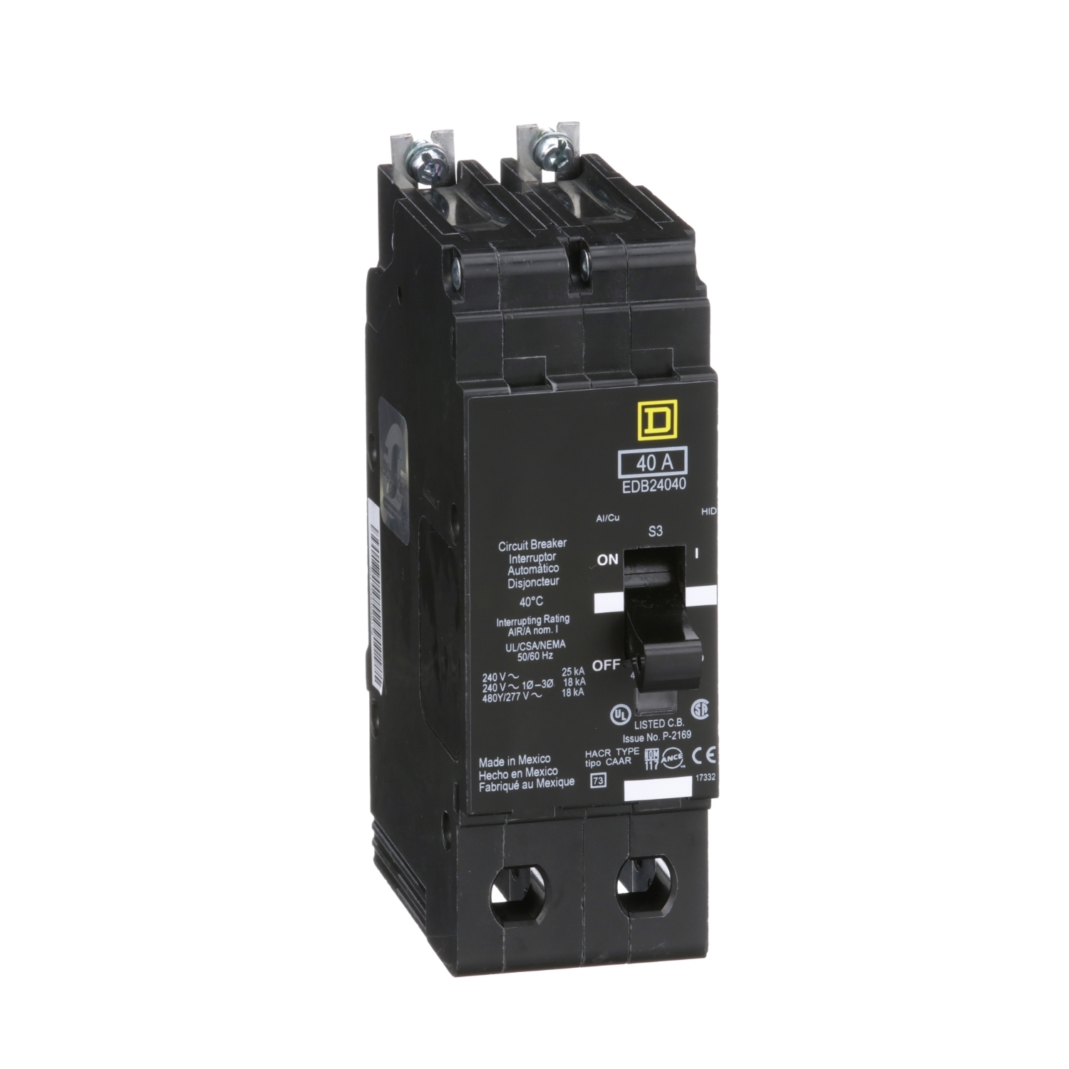 Mini circuit breaker, E-Frame, 40A, 2 pole, 480Y/277VAC, 25kA max, bolt on [TAA]