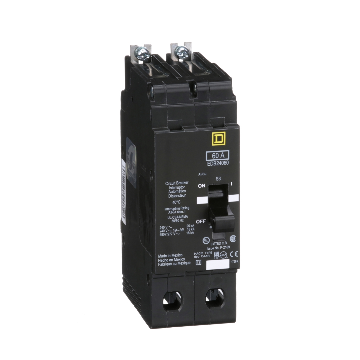 Mini circuit breaker, E-Frame, 60A, 2 pole, 480Y/277VAC, 25kA max, bolt on [TAA]