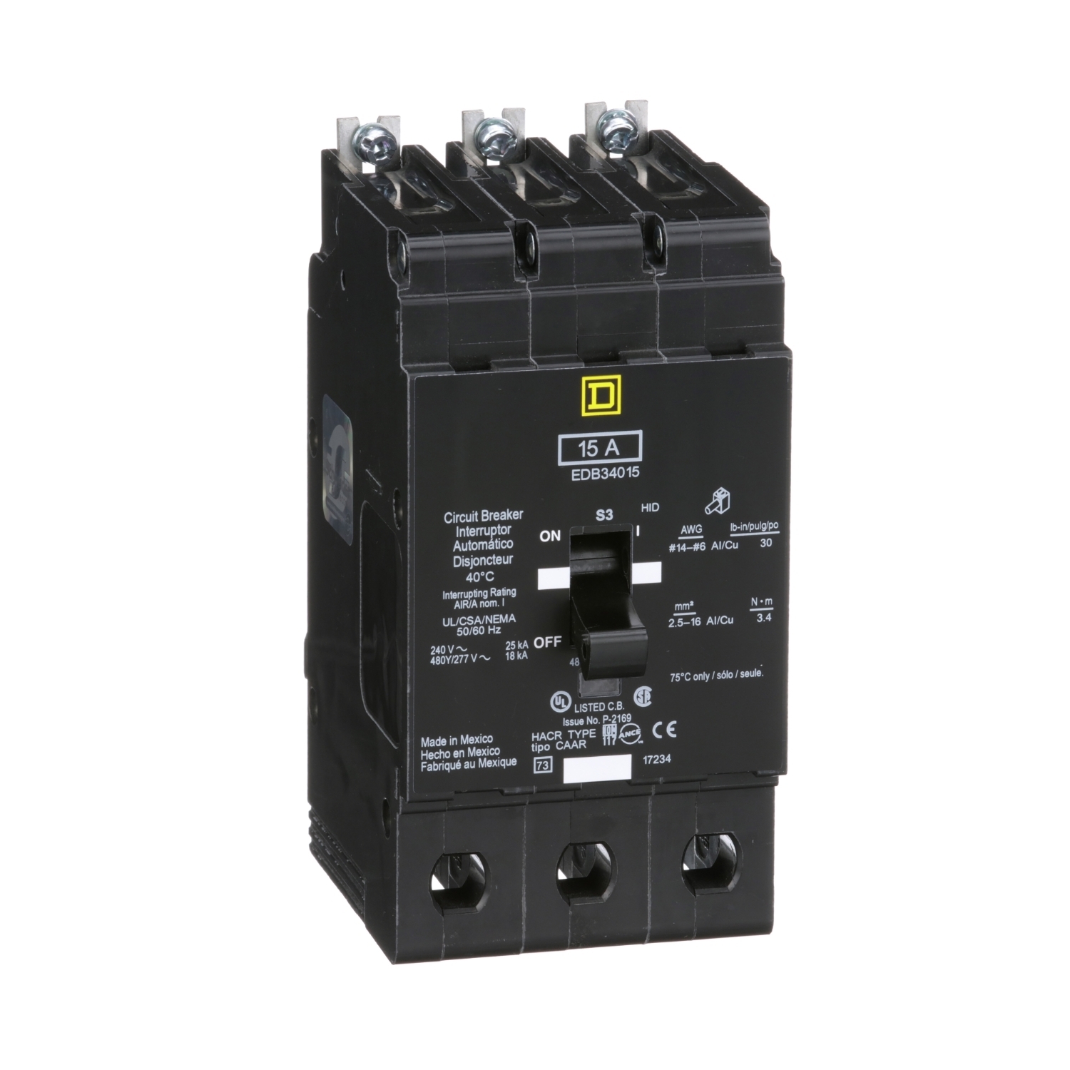 Mini circuit breaker, E-Frame, 15A, 3 pole, 480Y/277VAC, 25kA max, bolt on [TAA]