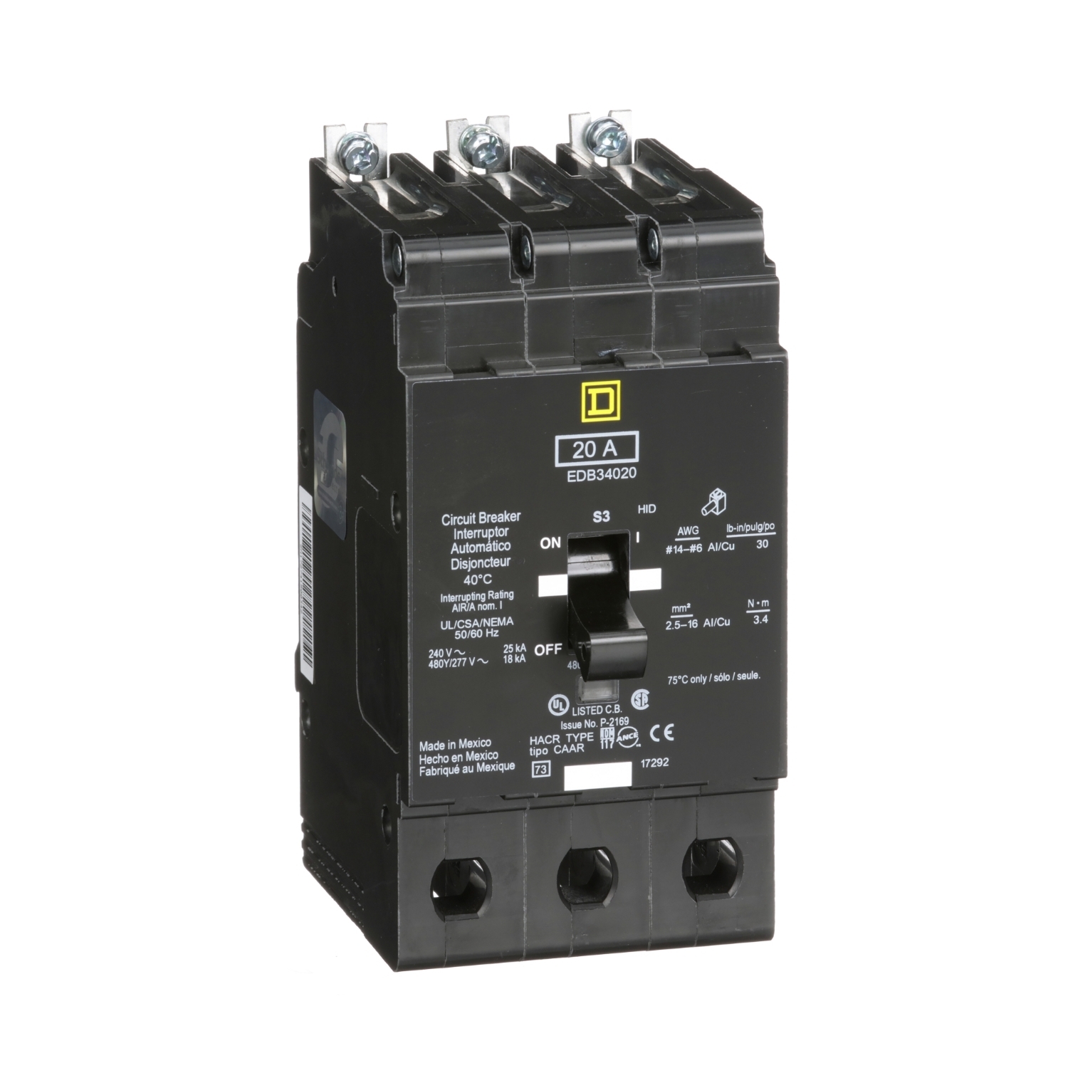 Mini circuit breaker, E-Frame, 20A, 3 pole, 480Y/277VAC, 25kA max, bolt on [TAA]