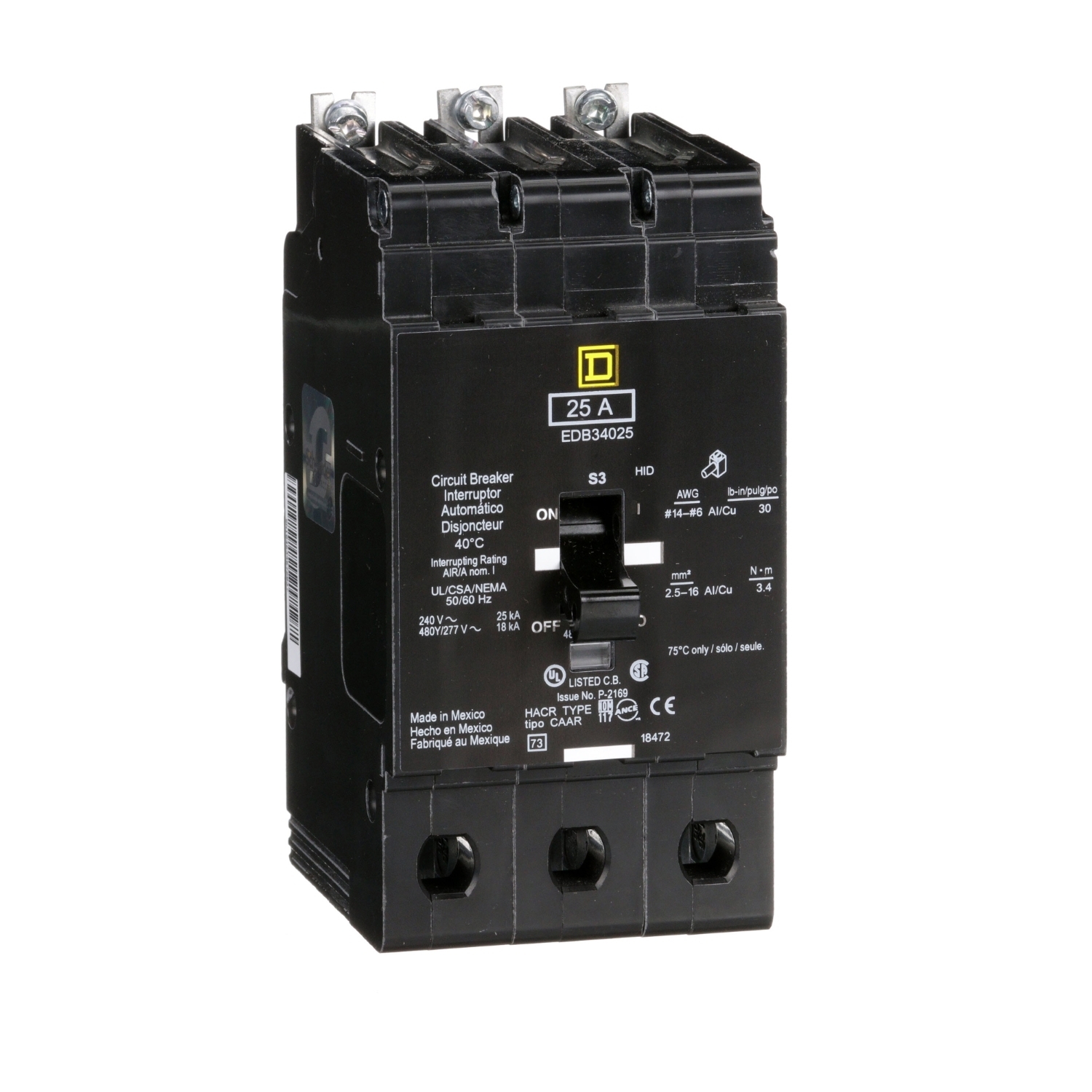 Mini circuit breaker, E-Frame, 25A, 3 pole, 480Y/277VAC, 25kA max, bolt on [TAA]