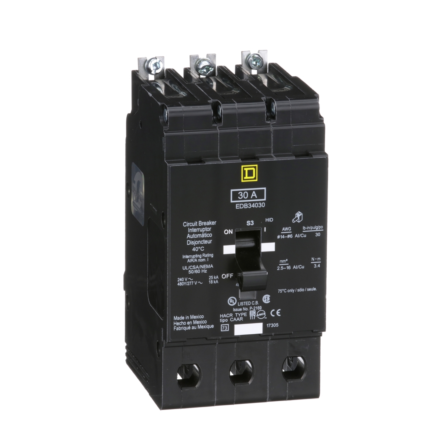 Mini circuit breaker, E-Frame, 30A, 3 pole, 480Y/277VAC, 25kA max, bolt on [TAA]