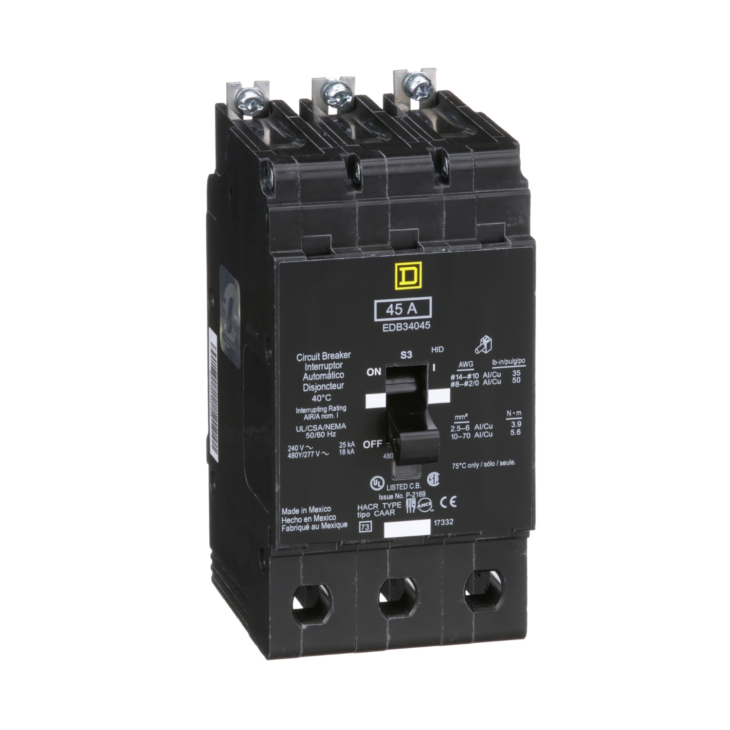 Mini circuit breaker, E-Frame, 45A, 3 pole, 480Y/277VAC, 25kA max, bolt on [TAA]