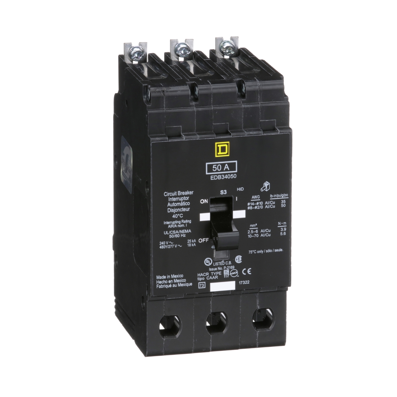 Mini circuit breaker, E-Frame, 50A, 3 pole, 480Y/277VAC, 25kA max, bolt on [TAA]