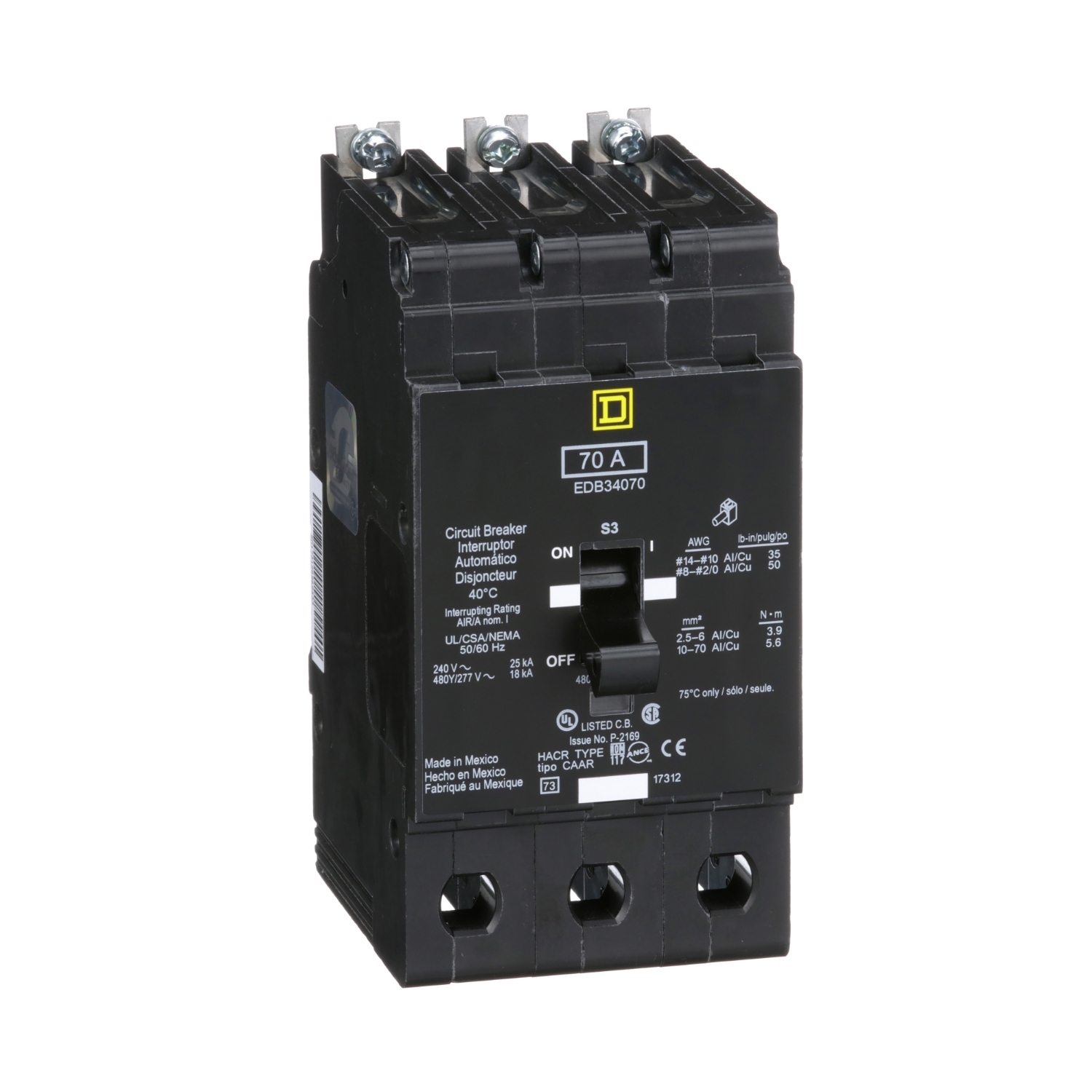 Mini circuit breaker, E-Frame, 70A, 3 pole, 480Y/277VAC, 25kA max, bolt on [TAA]